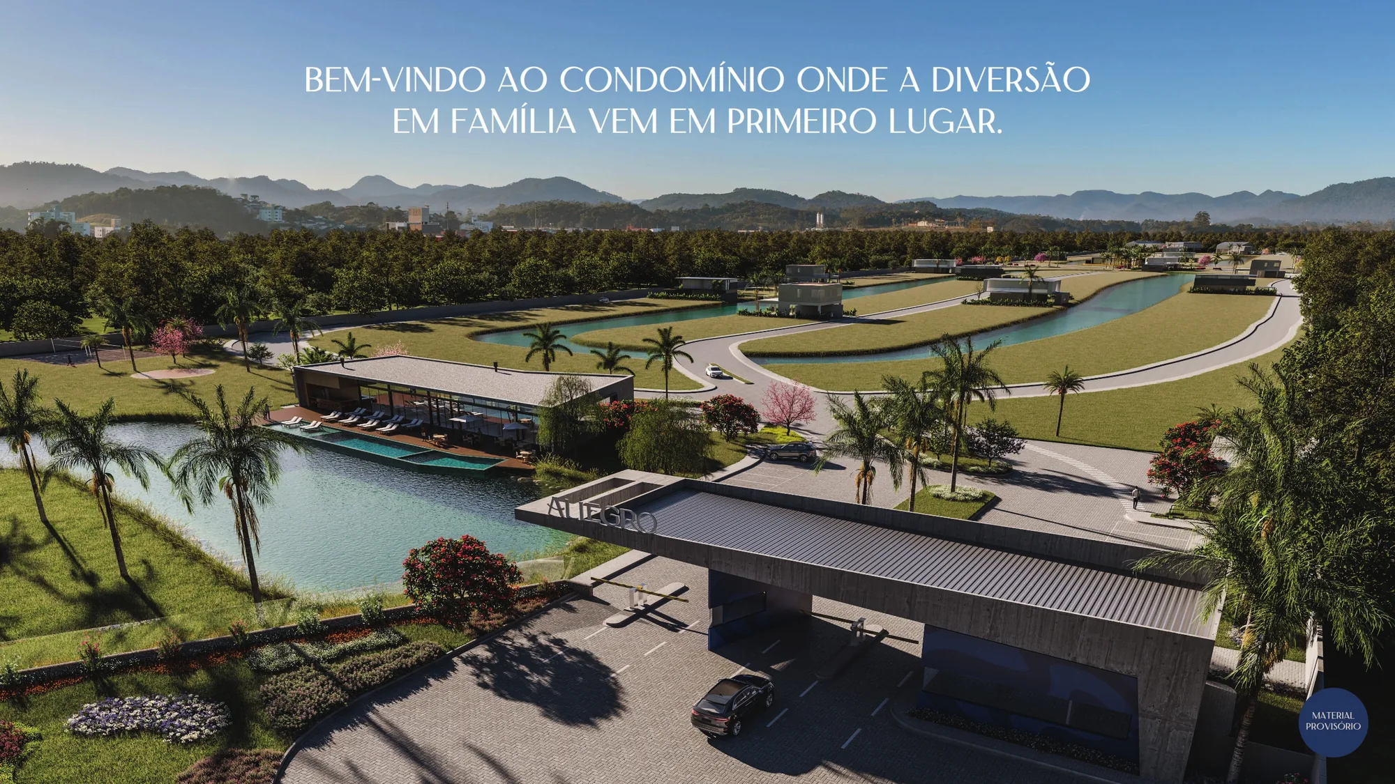 Vista aérea do Allegro Family Resort, condomínio fechado com lotes à beira de lago em Capão da Canoa com clube e lago central