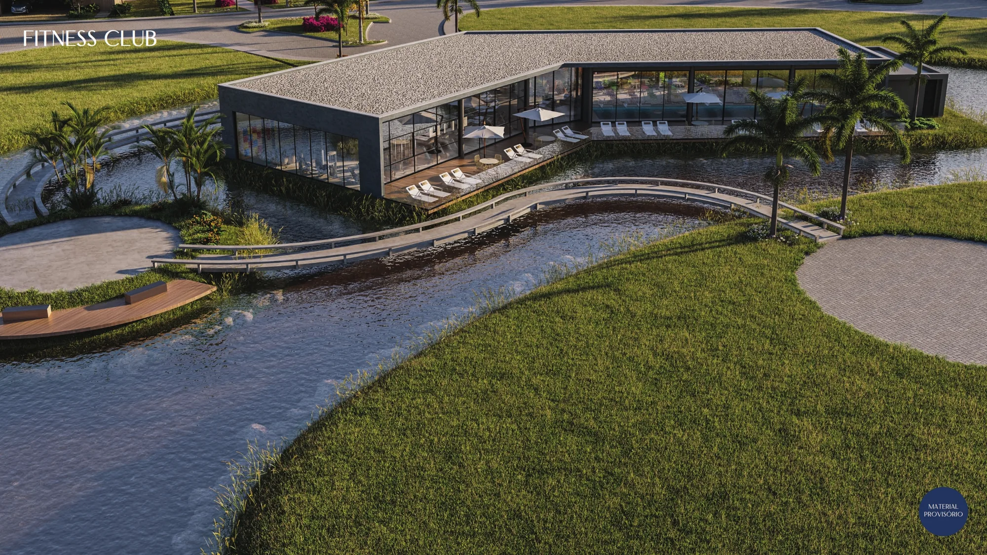 Fitness Club do Allegro Family Resort implantado sobre o lago com ponte de acesso