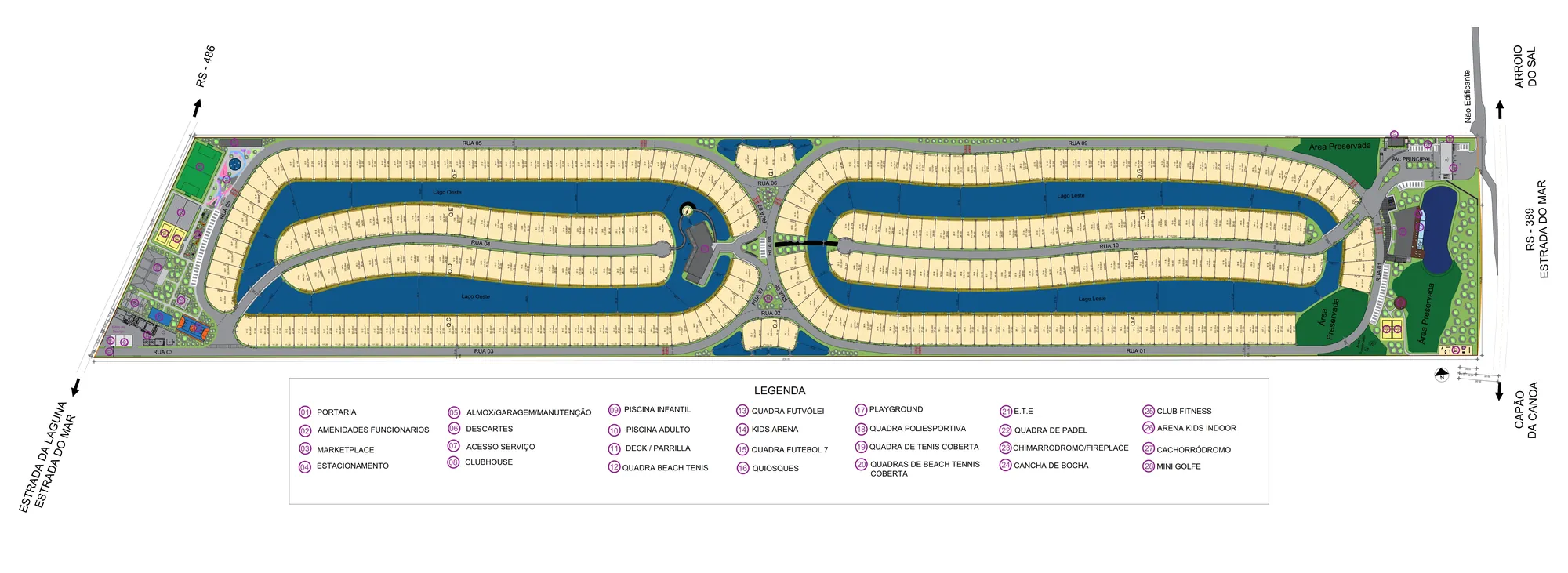 Implantação do Allegro Family Resort com as quadras de lotes, o lago central e os clubes em Capão da Canoa