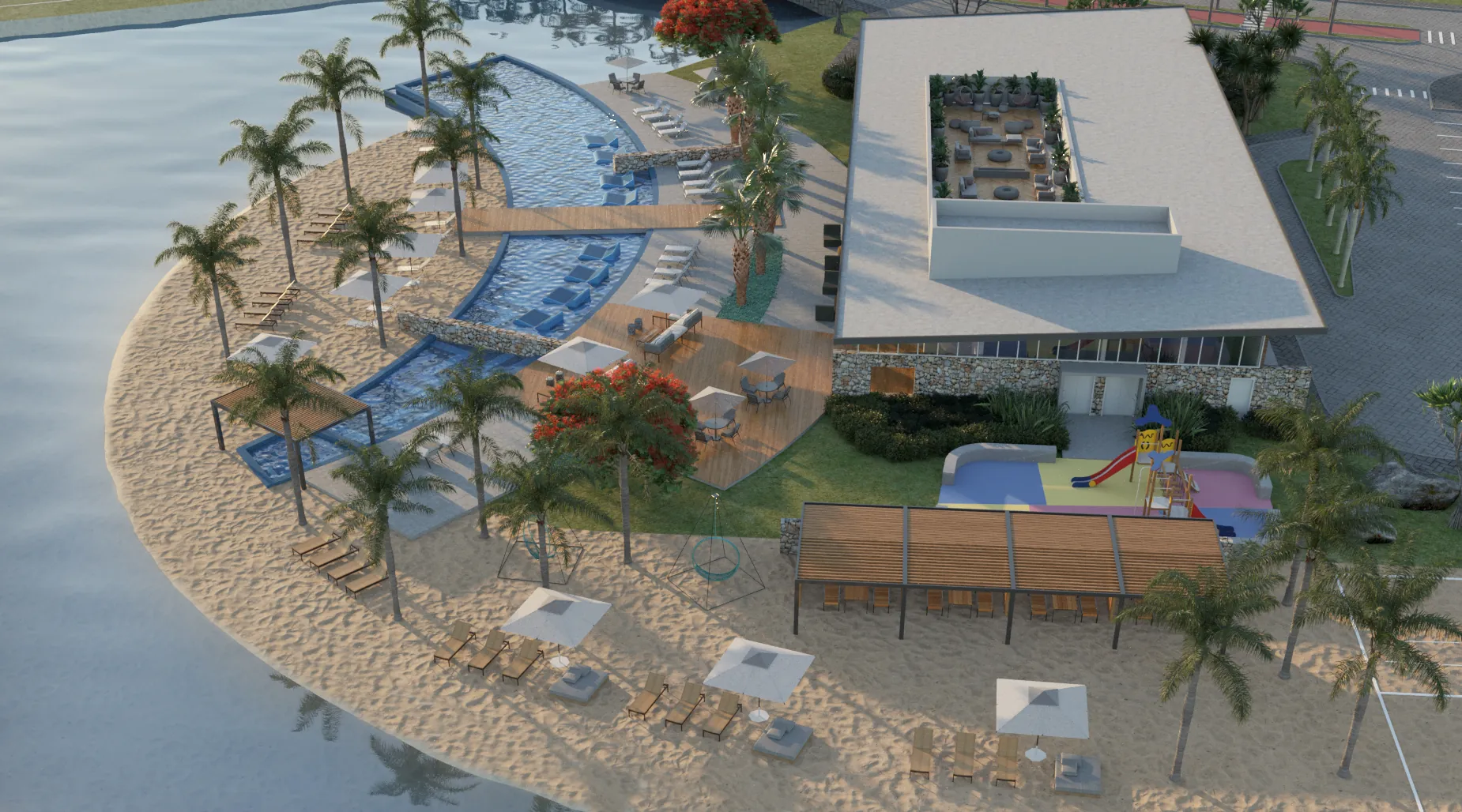 Vista aérea do clube do Allure Beach Condo com prainha, piscinas e deck sobre o lago