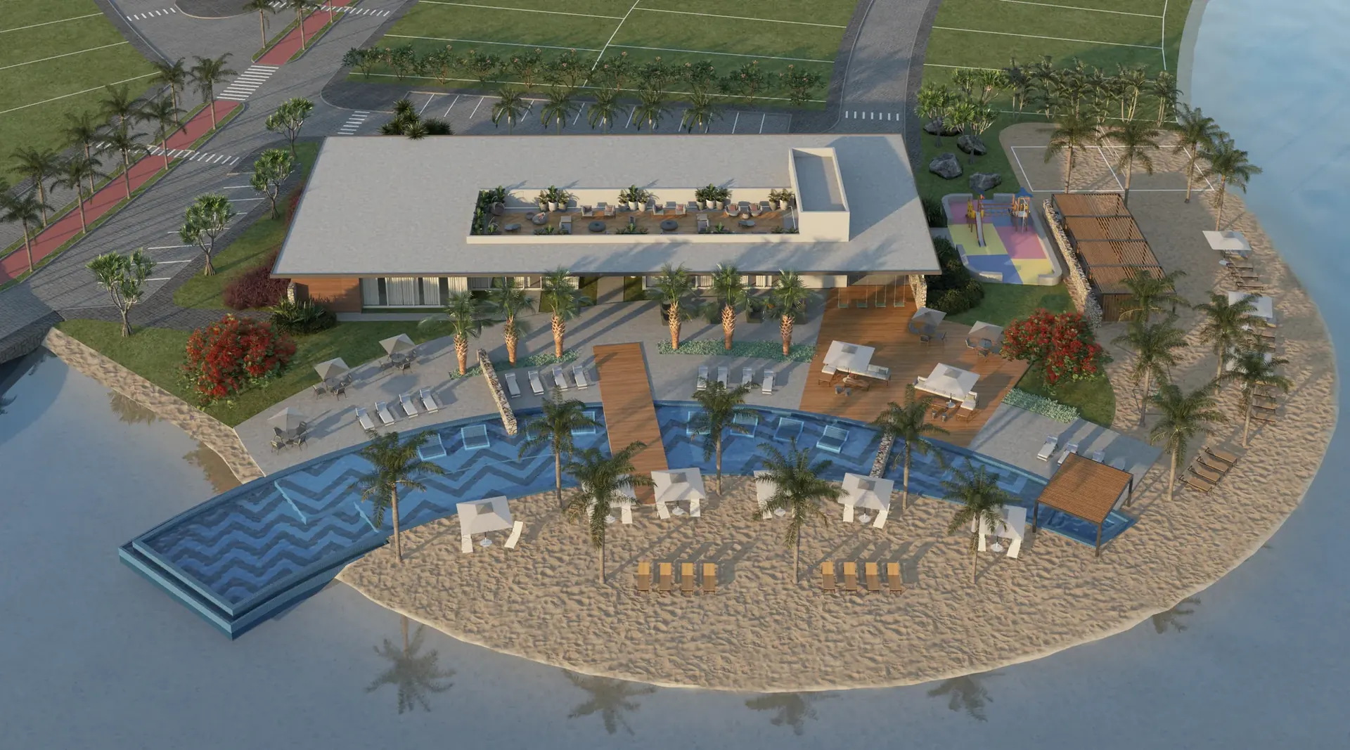 Vista aérea do clube do Allure Beach Condo sobre o lago, condomínio fechado com lotes à beira de lago em Xangri-Lá
