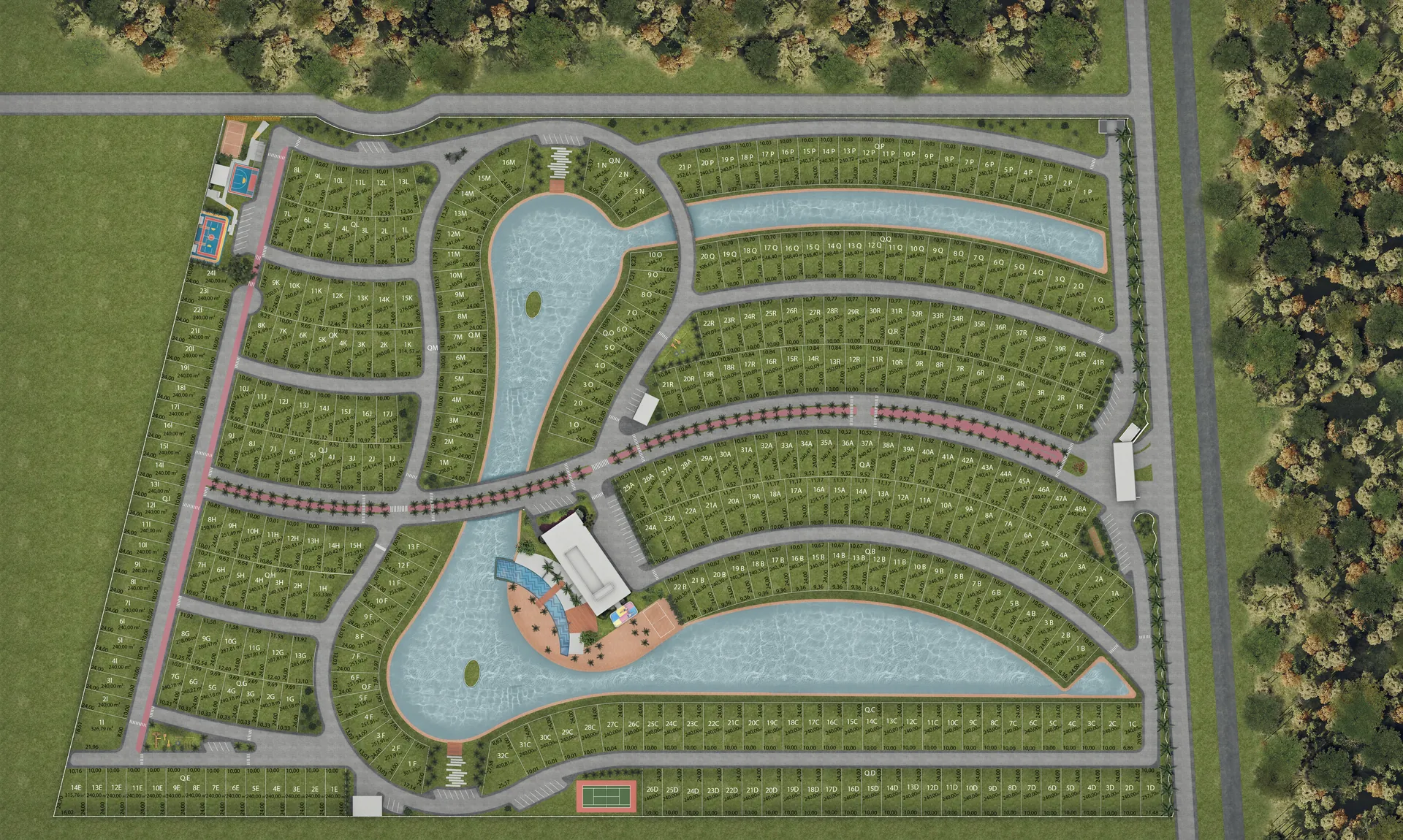 Implantação (masterplan) do Allure Beach Condo mostrando o lago central, o clube e as 18 quadras de lotes