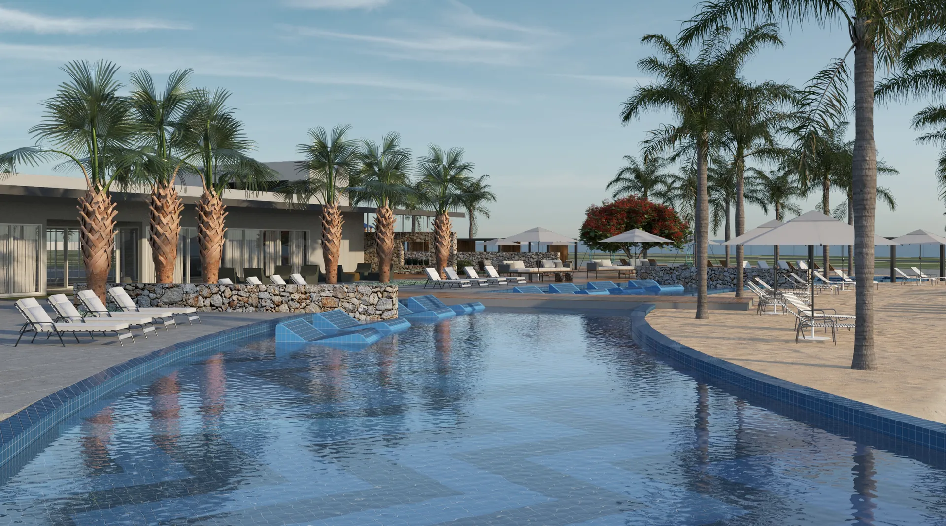 Piscina extensa com palmeiras, guarda-sóis e espreguiçadeiras junto ao clube, Allure em Xangri-Lá