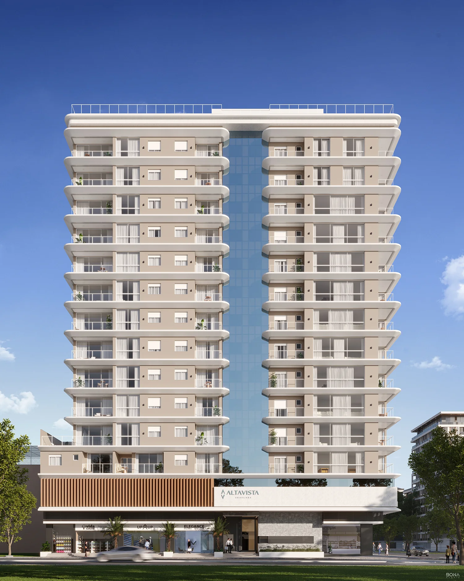 Fachada do Altavista Ubirajara, torre de 15 pavimentos com sacadas curvas e embasamento comercial, no bairro Girassol em Capão da Canoa