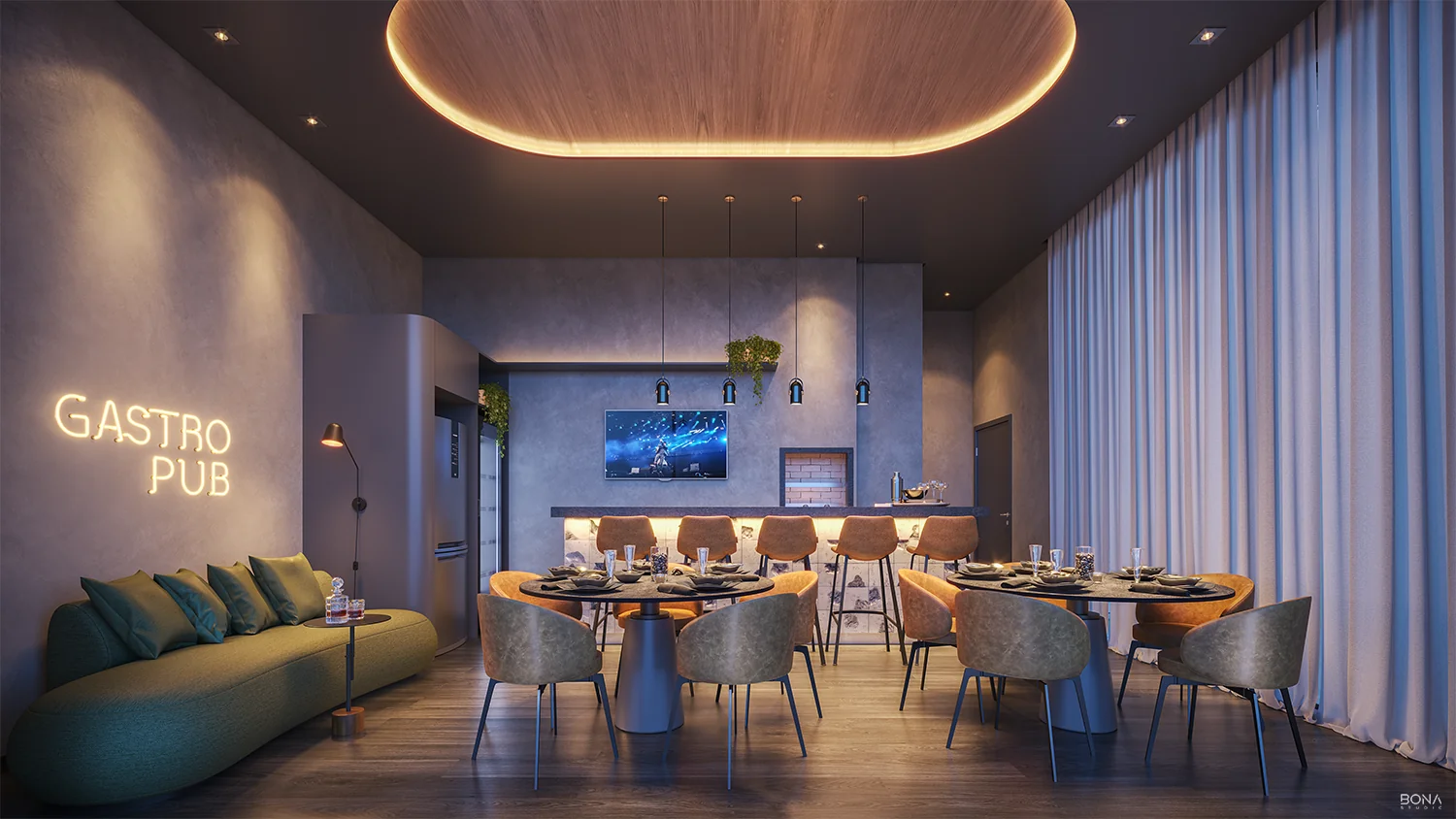 Gastropub no rooftop do Altavista Ubirajara, com balcão, banquetas altas e iluminação baixa