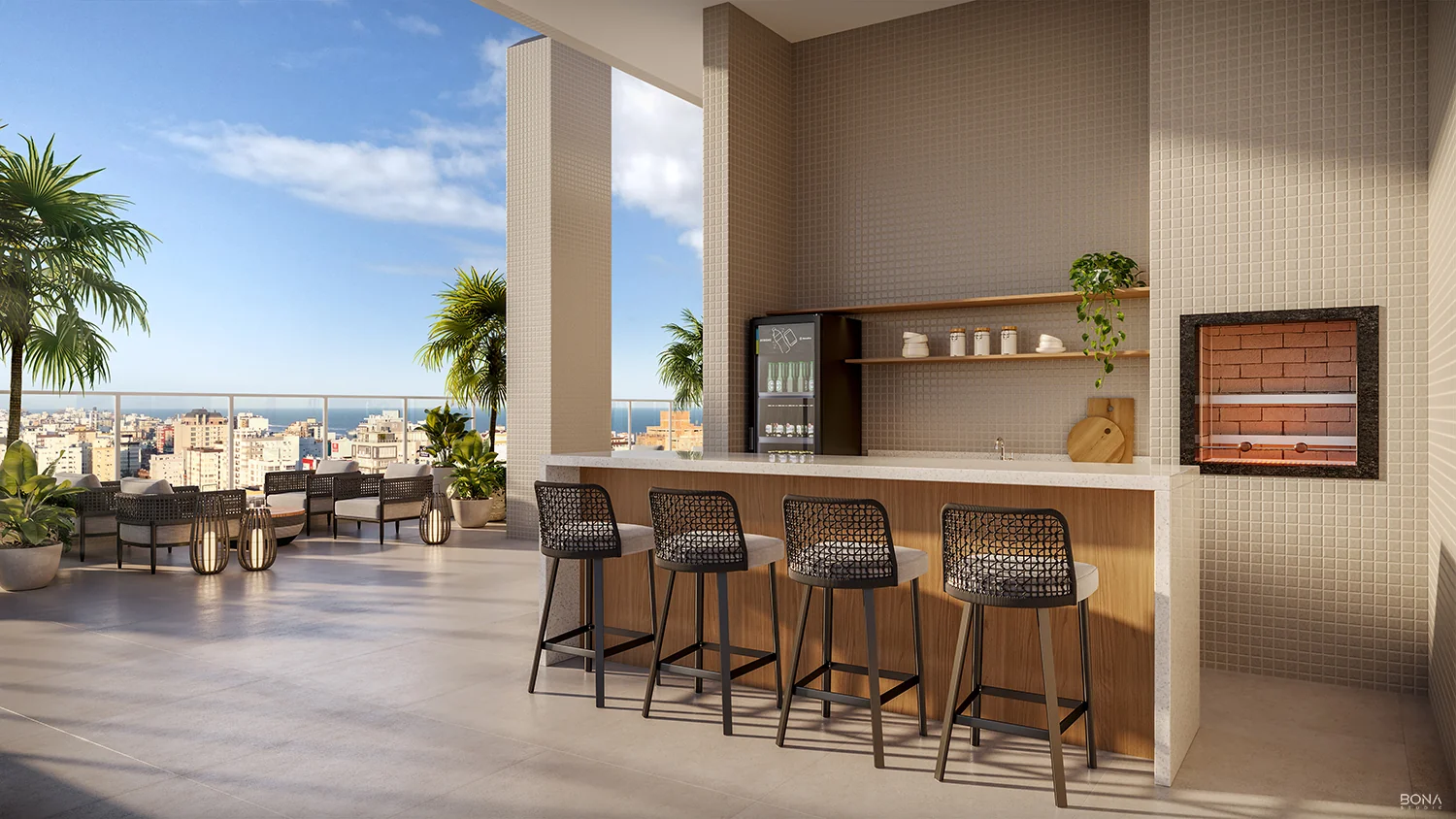 Gourmet externo no rooftop do Altavista Ubirajara, com bancada, churrasqueira e mesas ao ar livre