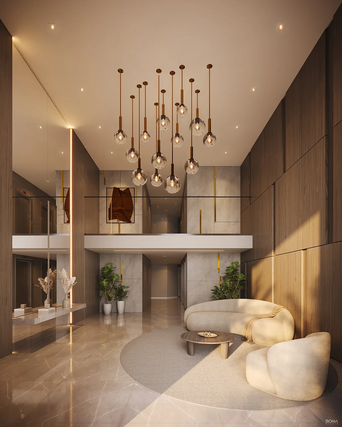 Hall de entrada do Altavista Ubirajara, pé-direito duplo com cascata de pendentes de vidro âmbar, mármore claro e poltronas curvas