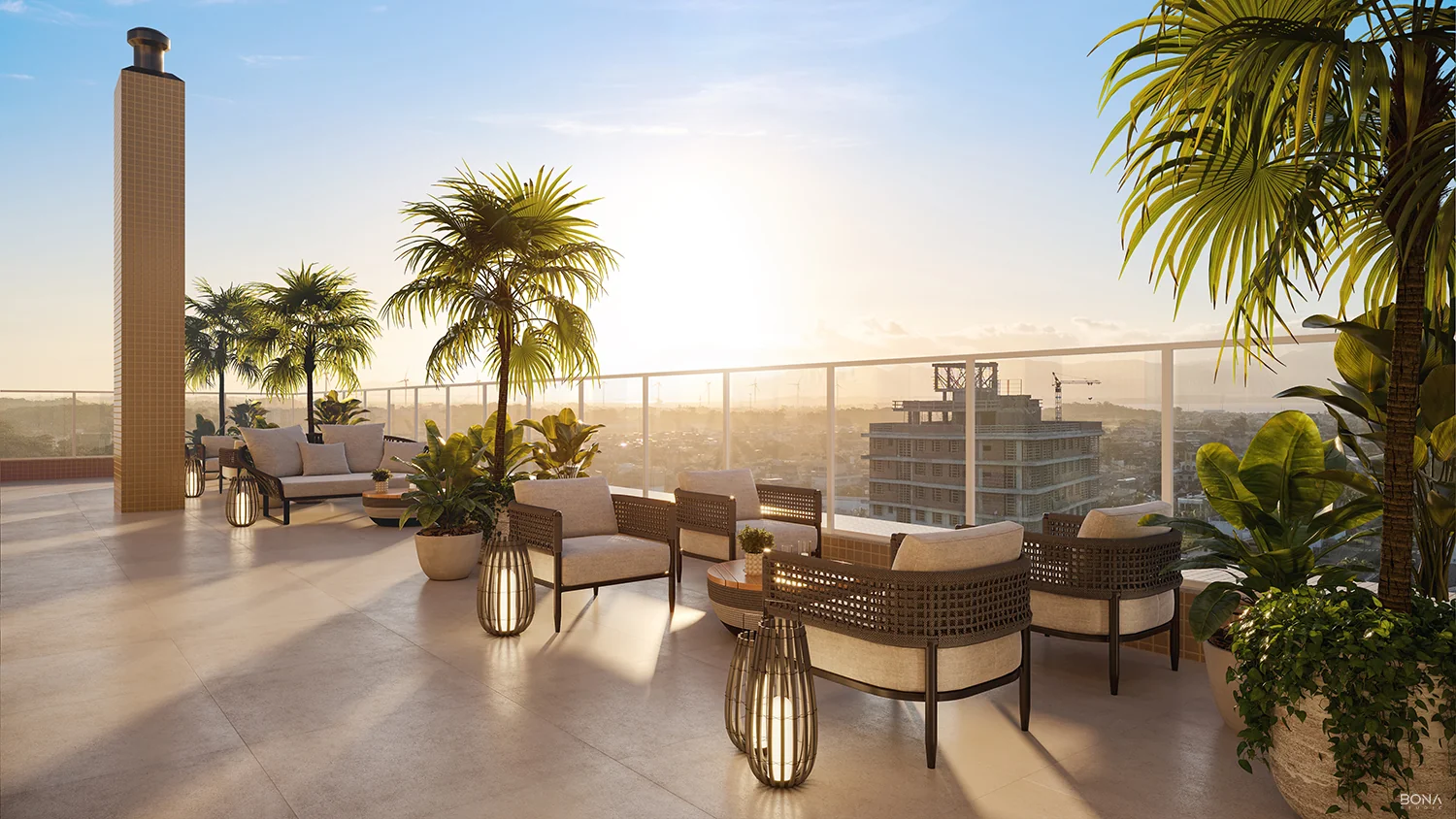 Lounge Sunset no rooftop do Altavista Ubirajara, com guarda-sóis, mesas de madeira e espreguiçadeiras ao pôr do sol