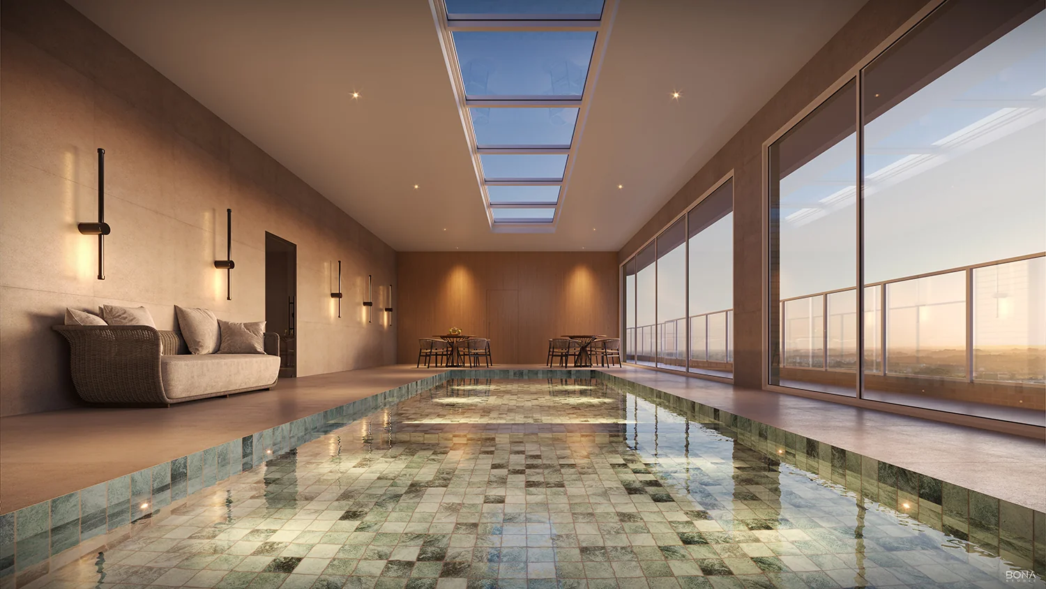 Piscina térmica coberta no rooftop do Altavista Ubirajara, raia interna envidraçada com vista para a cidade