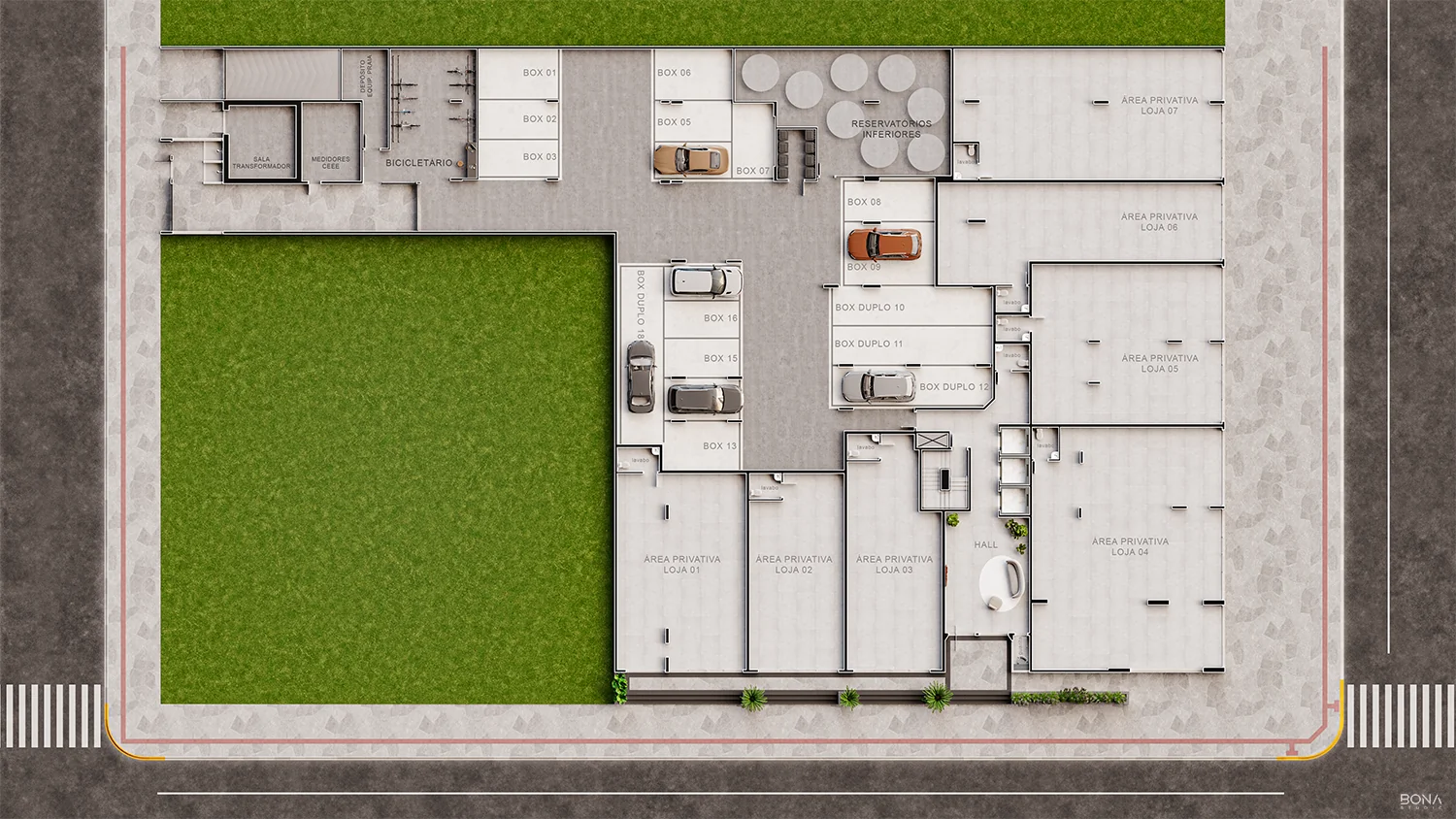 Planta do pavimento térreo do Altavista Ubirajara, com as 7 lojas, o hall, a guarita, o bicicletário e os boxes de garagem