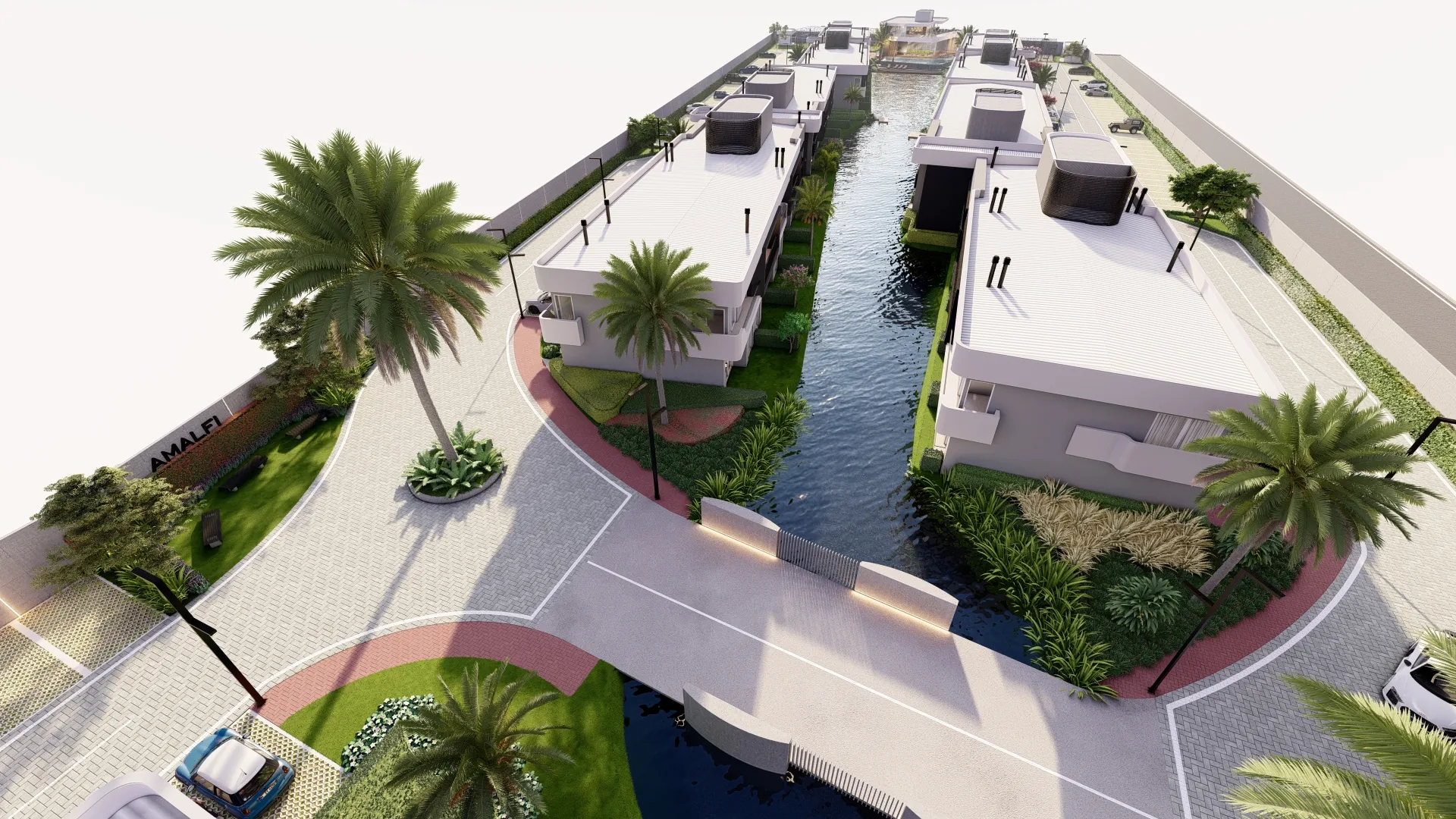 Vista aérea dos canais internos do Amalfi Beach Residences com blocos beira-lago