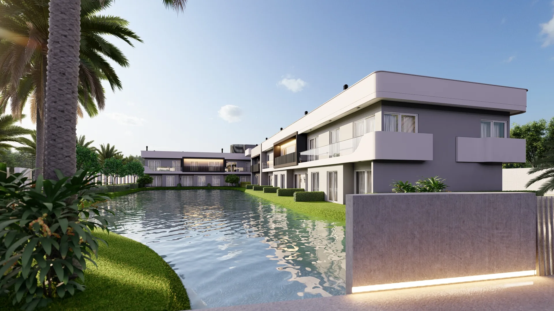 Fachada de bloco do Amalfi Beach Residences voltada para o lago interno