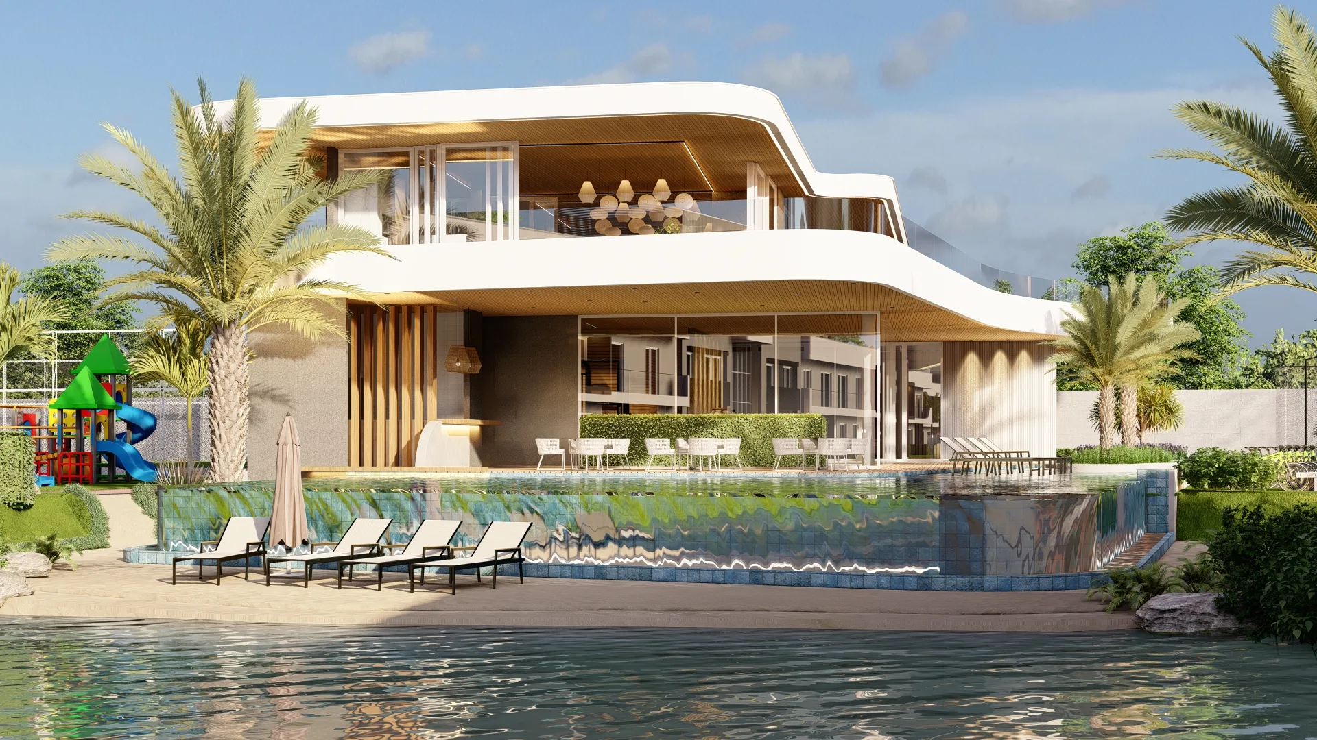 Clube e piscina sobre lago interno em condomínio fechado vertical de apartamentos no litoral norte gaúcho