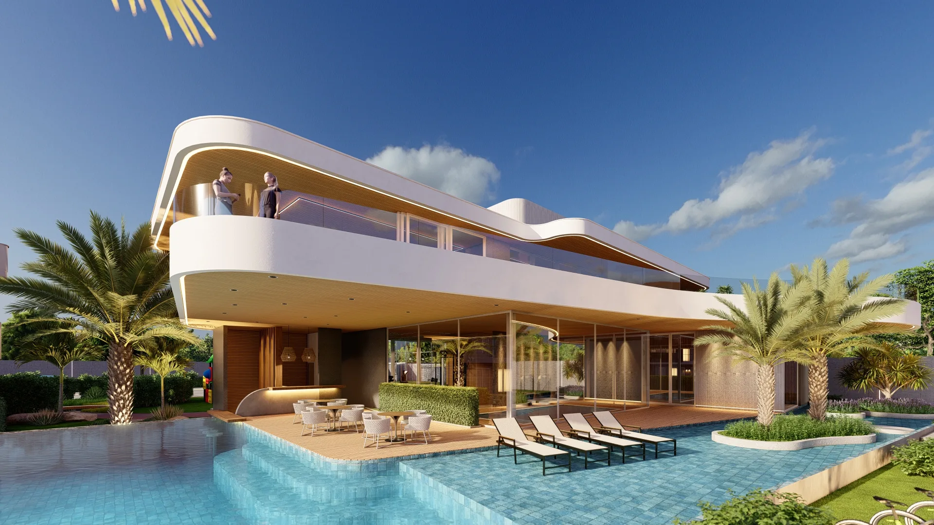 Piscina do clube com espreguiçadeiras e fachada curva do clubhouse sob céu azul, Amalfi Beach Residences em Xangri-Lá