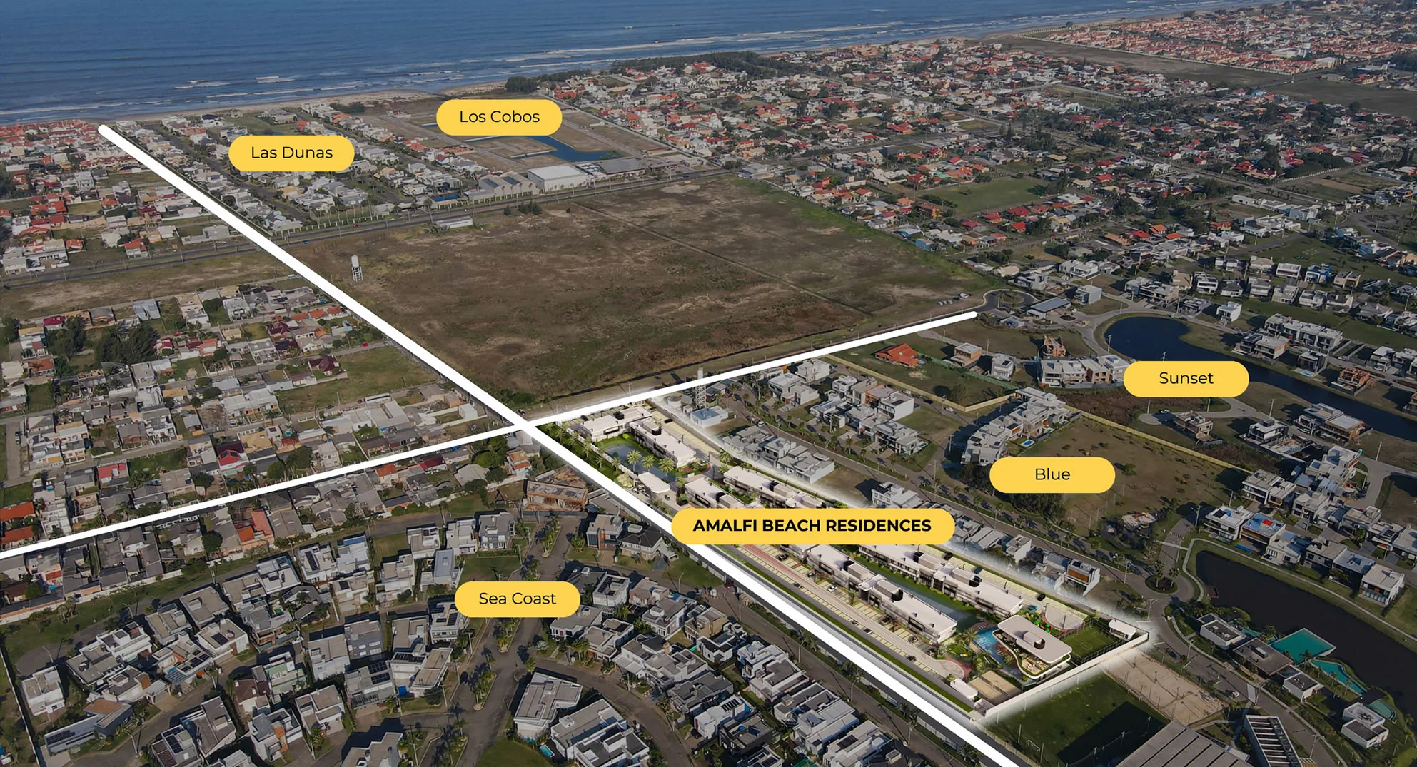 Mapa de inserção do Amalfi Beach Residences mostrando a proximidade com a praia e os condomínios vizinhos