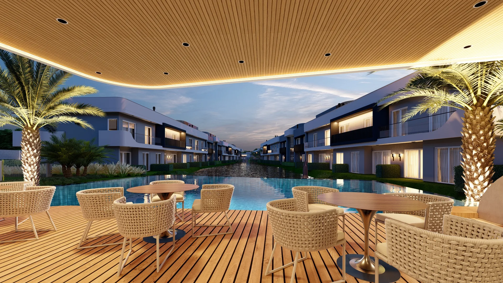 Deck com bar molhado do Amalfi Beach Residences ao entardecer em Xangri-Lá
