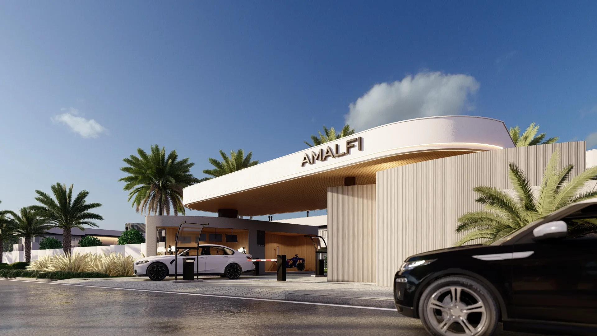 Pórtico de acesso do Amalfi Beach Residences com logotipo e portaria
