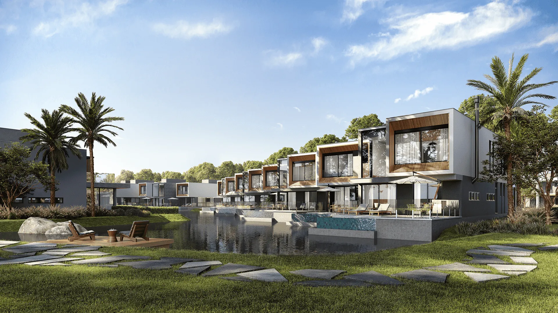 Casas beira-lago do Amaná Atlântida com deck sobre a água e o mar ao fundo