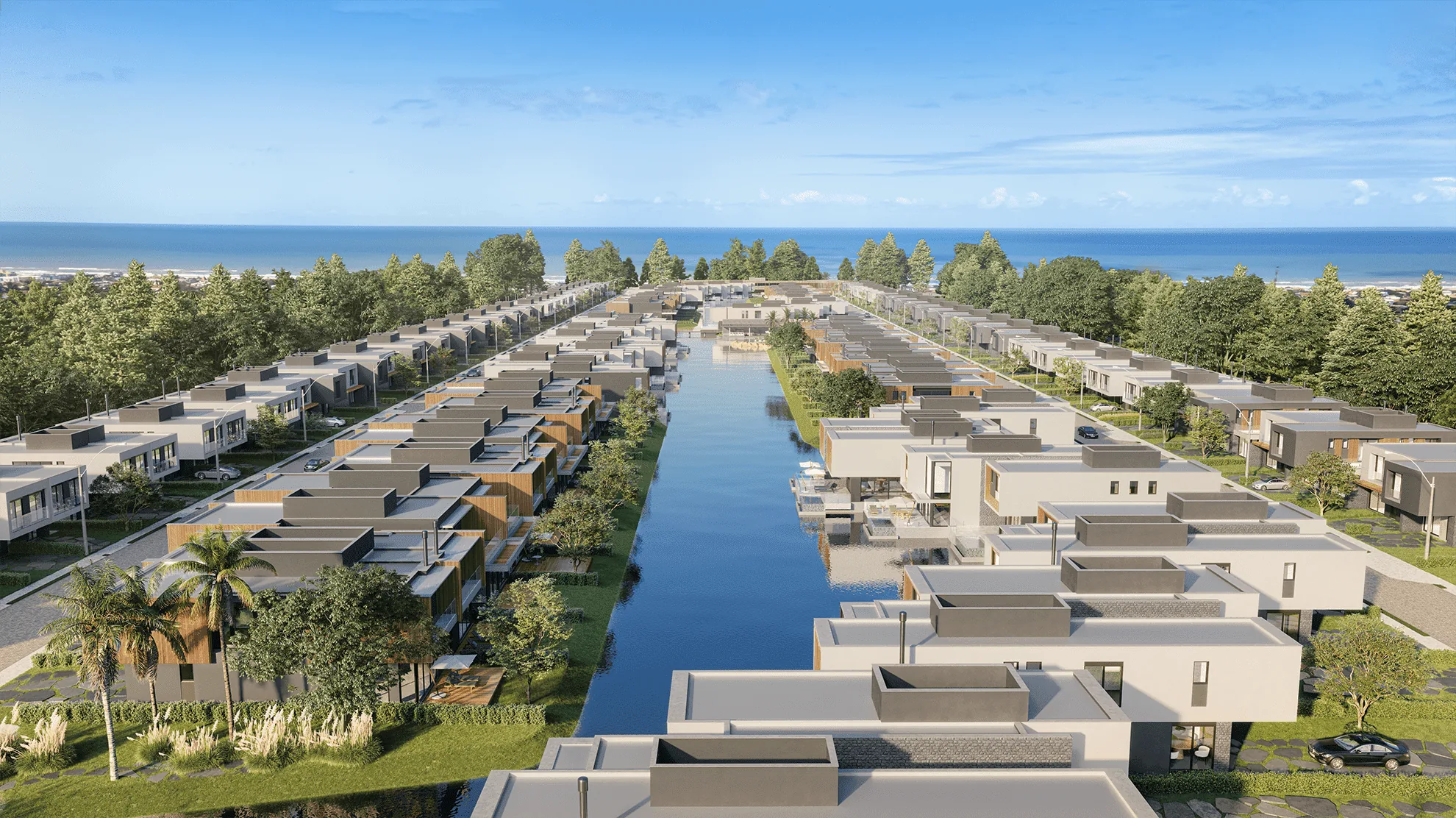Vista aérea do Amaná Atlântida com o canal interno e as casas beira-lago em direção ao mar, em Xangri-Lá