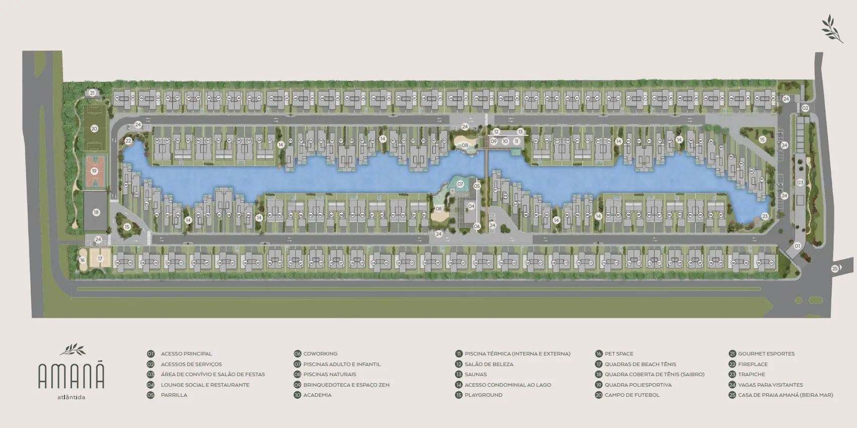 Planta de implantação do Amaná Atlântida com o lago central, o clube e as 209 casas