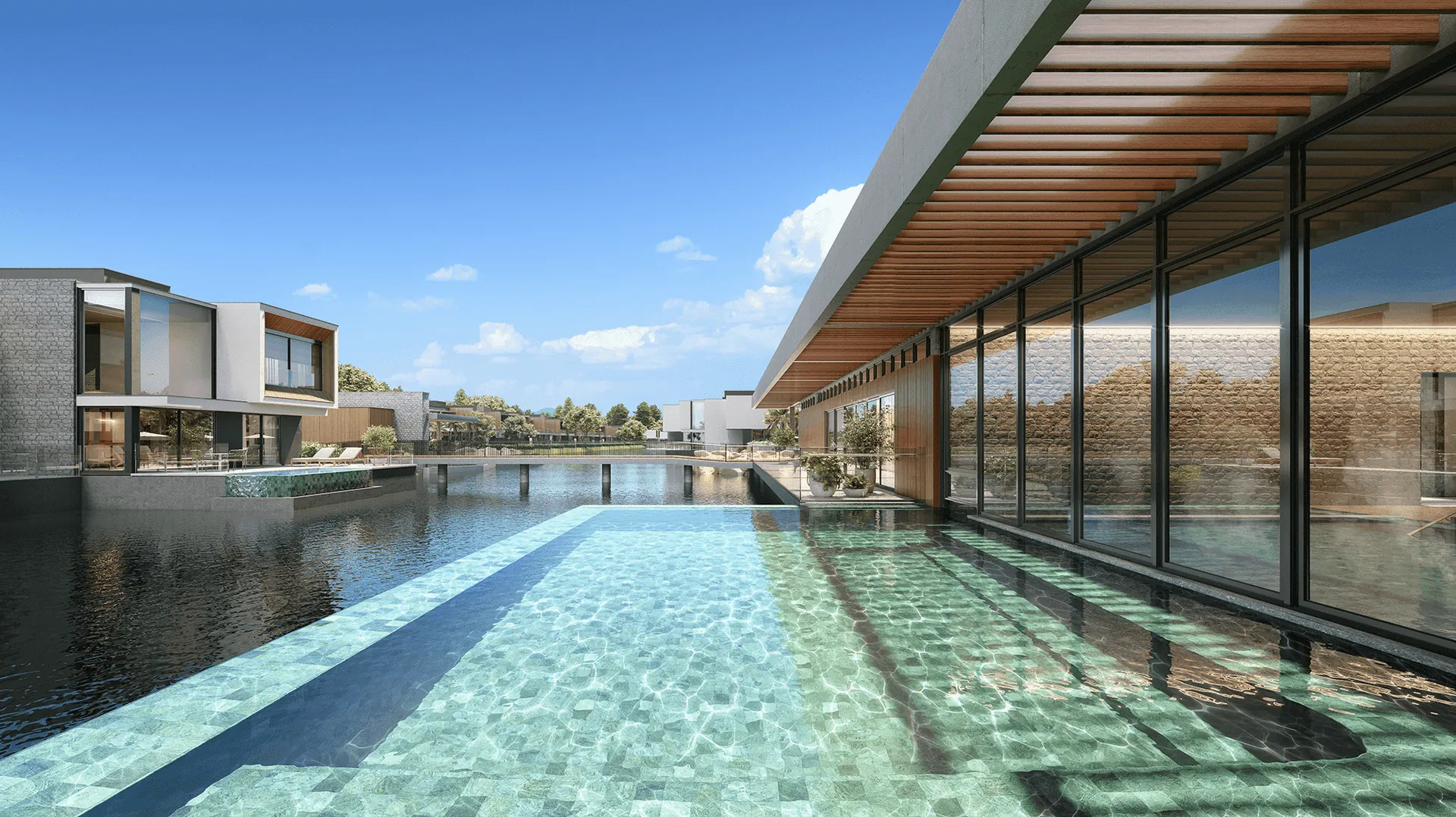 Piscina térmica envidraçada do Amaná Atlântida com vista para o lago interno, em Xangri-Lá