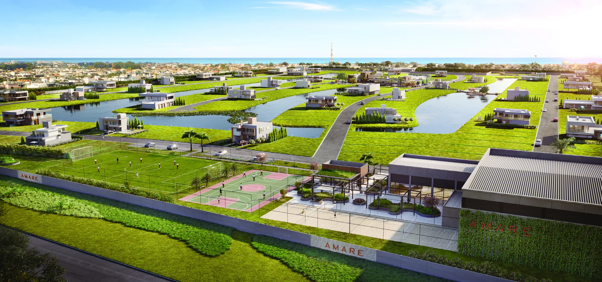 Vista aérea do complexo esportivo do AMARE Home Resort, com tênis e padel, em Xangri-Lá