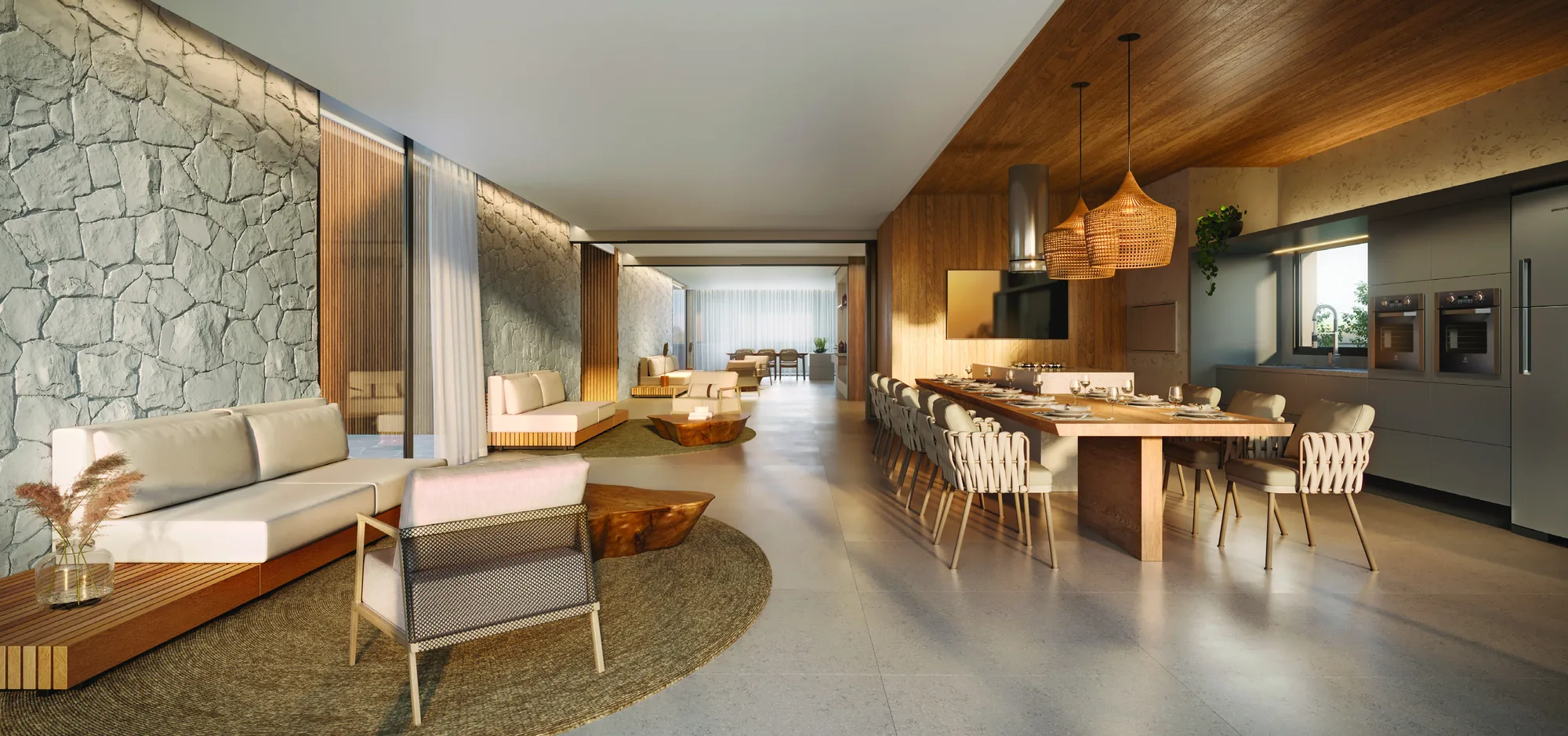 Espaço gourmet e living integrado do clube house do AMARE Home Resort em Xangri-Lá