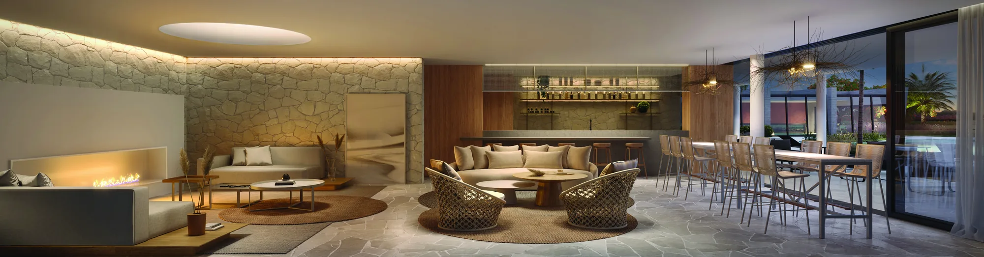 Lounge social com lareira e bar do clube do AMARE