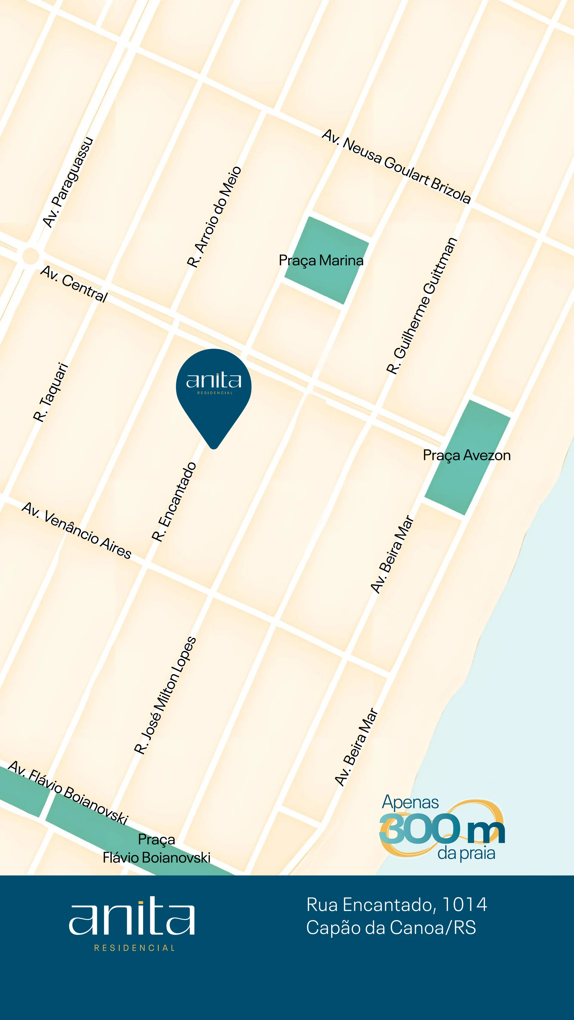 Mapa de localização do Residencial Anita na Rua Encantado, a 300 m da praia em Capão da Canoa