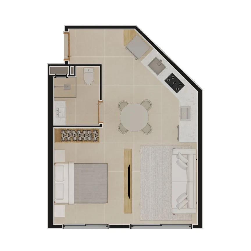 Planta do apartamento 404 do Residencial Anita, a menor tipologia, com 36,11 m² e 1 dormitório