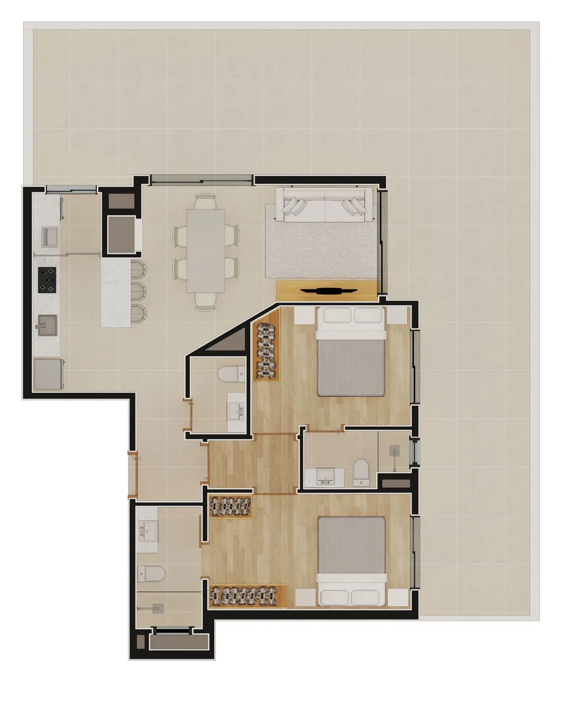 Planta do apartamento 406 do Residencial Anita, a maior tipologia, com 131,63 m², 2 suítes e terraço de 63,43 m²
