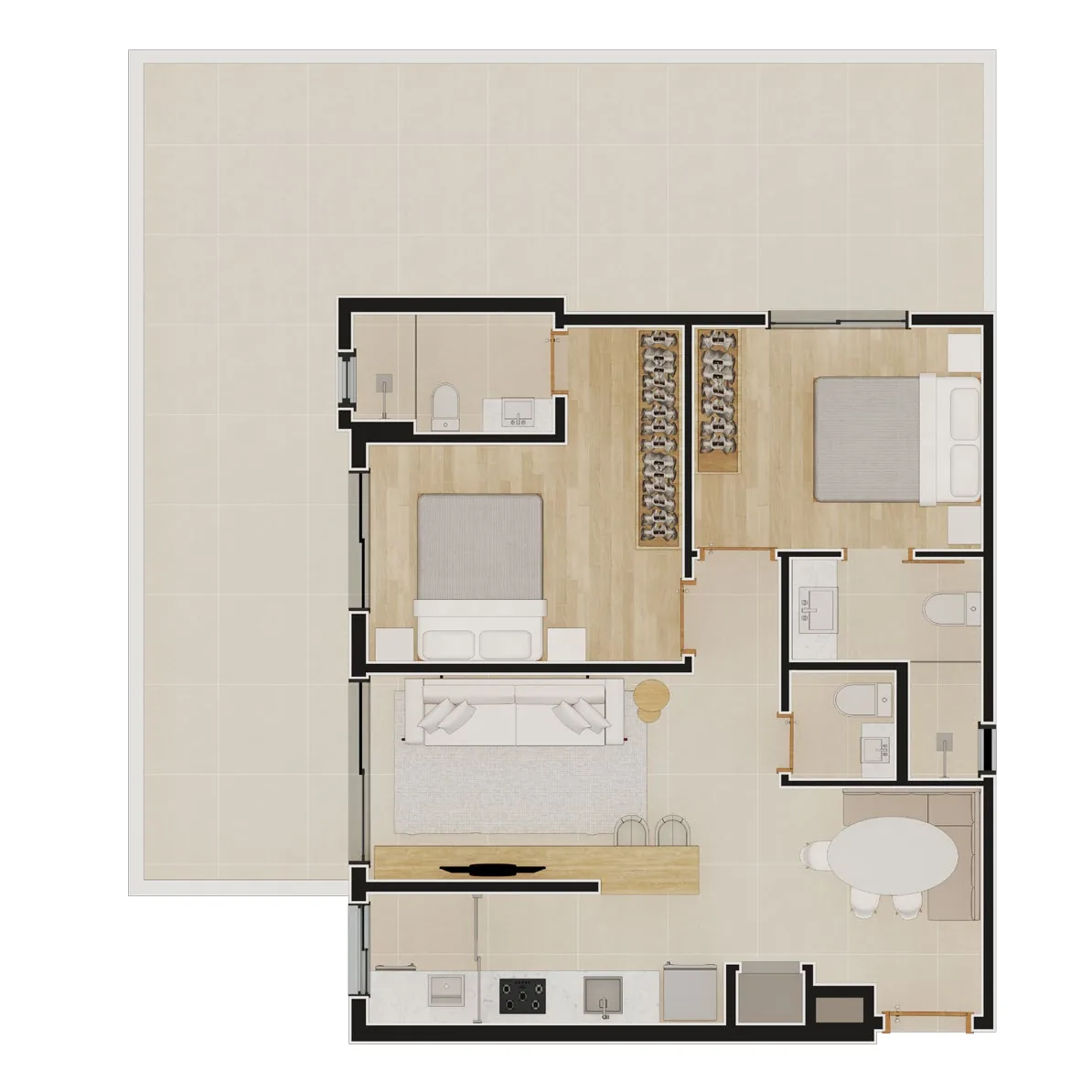 Planta do apartamento 408 do Residencial Anita, 110,12 m² com 2 suítes e amplo terraço garden de 47,60 m²