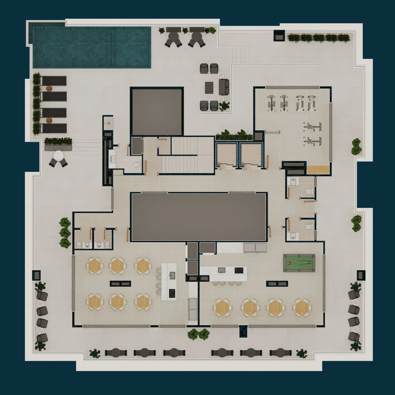 Planta ilustrada do rooftop do Residencial Anita com piscina, dois salões de festas e academia