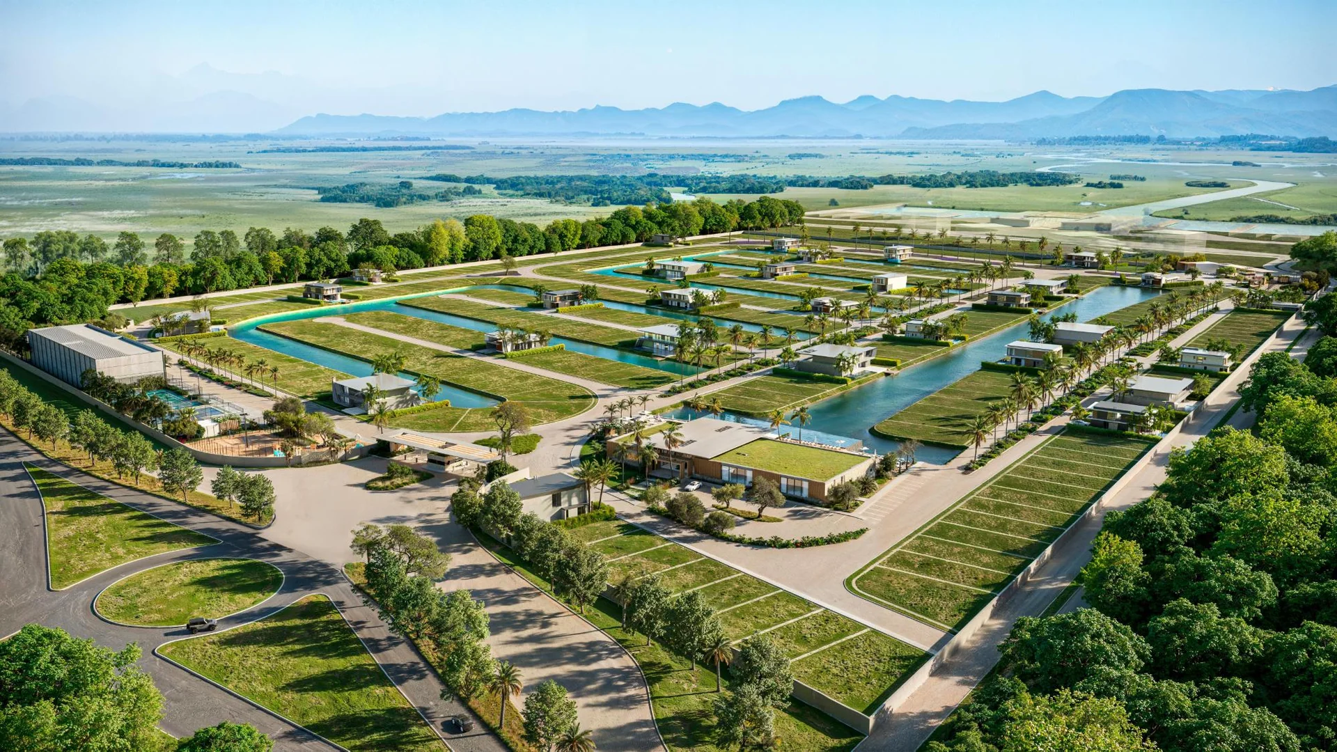 Vista aérea do novo acesso do AURA Garden Place, condomínio fechado com lotes à beira de lago em Xangri-Lá