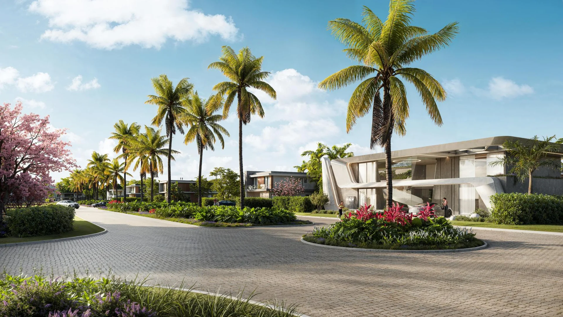 Avenida central do AURA Garden Place com paisagismo e arquitetura de casas em linhas retas