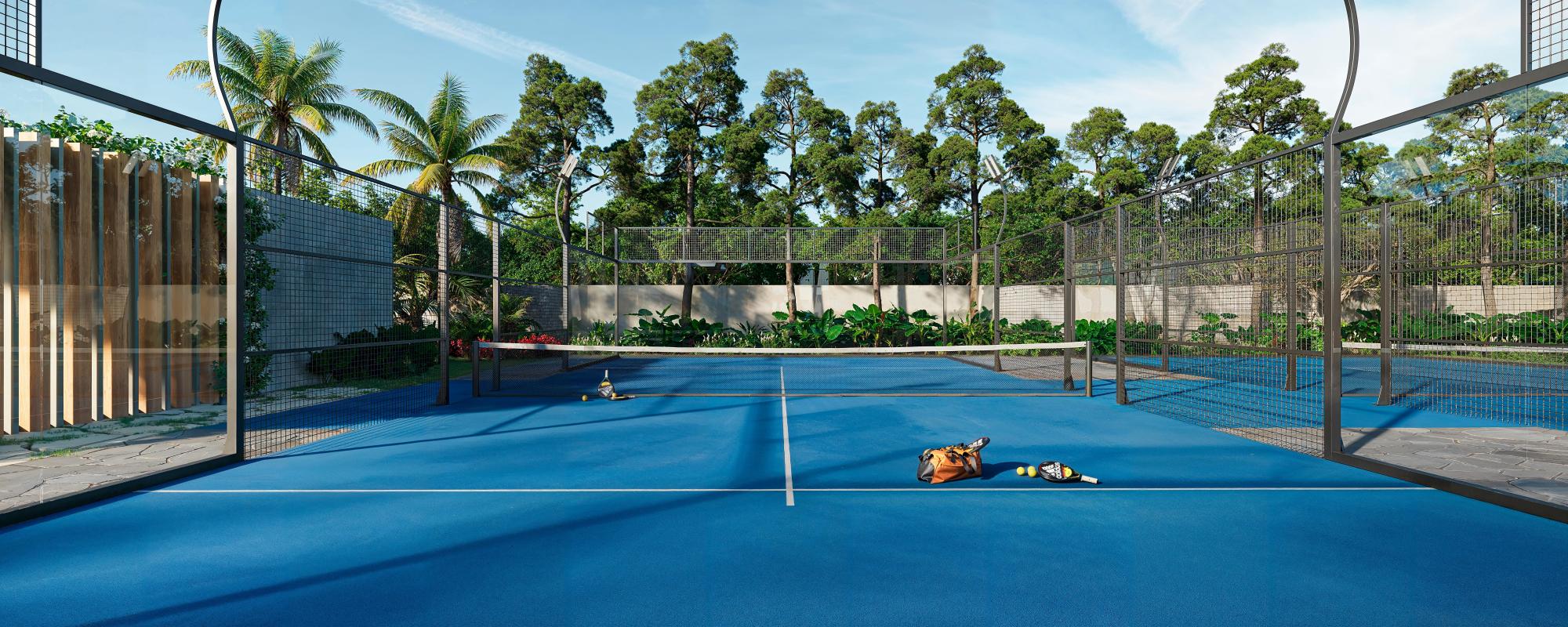Render de quadra de padel envidraçada em condomínio fechado de alto padrão no litoral norte gaúcho