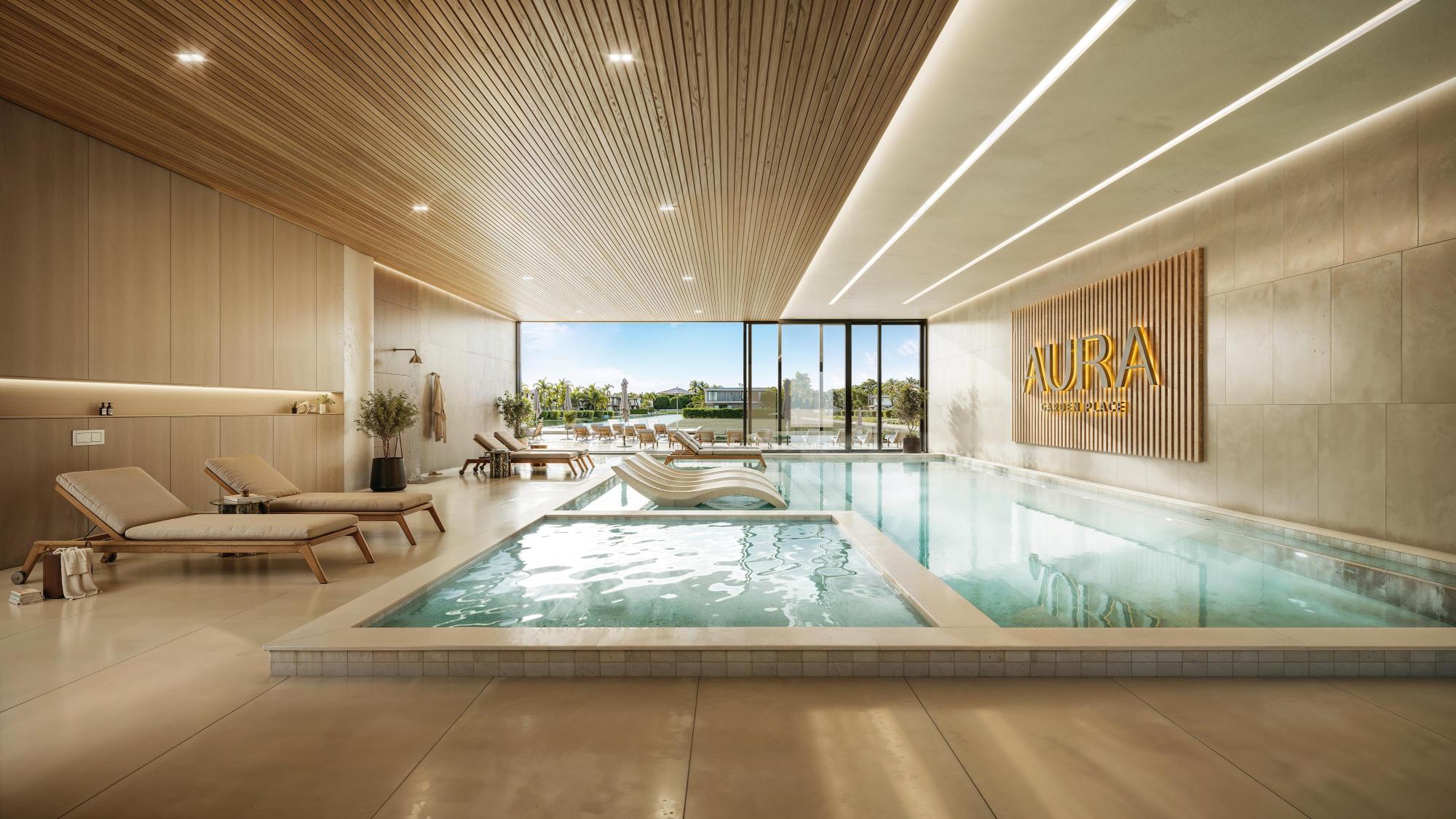 Piscina térmica coberta com casa de Zen do AURA Garden Place
