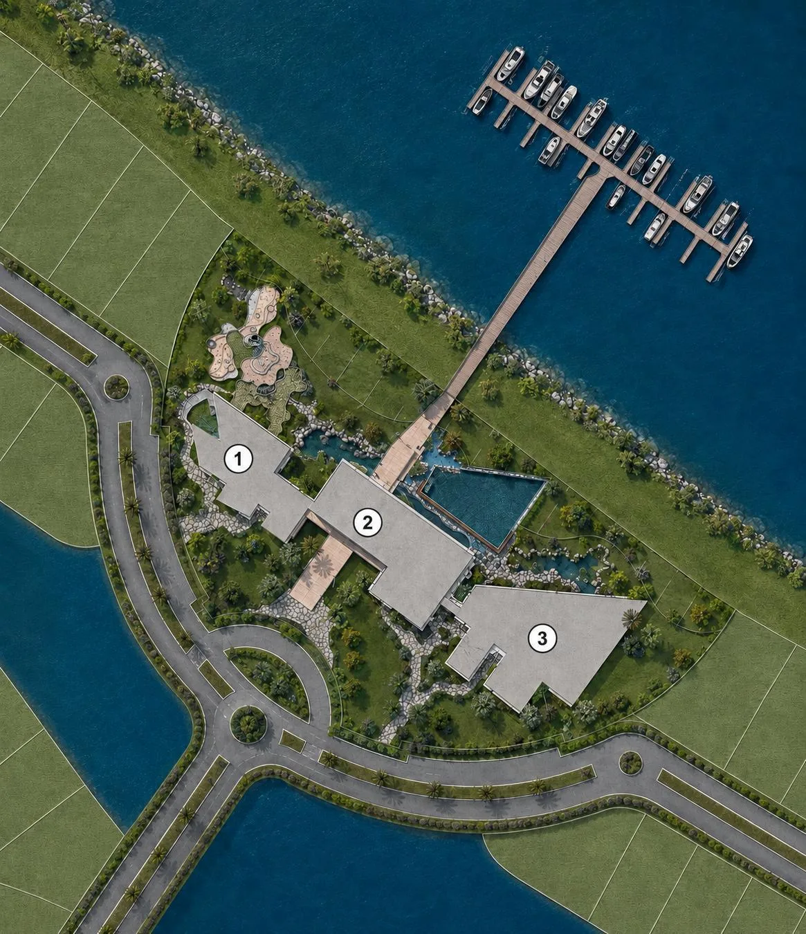 Render aéreo do clube do AVA Residences, com os três volumes do edifício, piscina, orla ajardinada e píer avançando sobre a lagoa