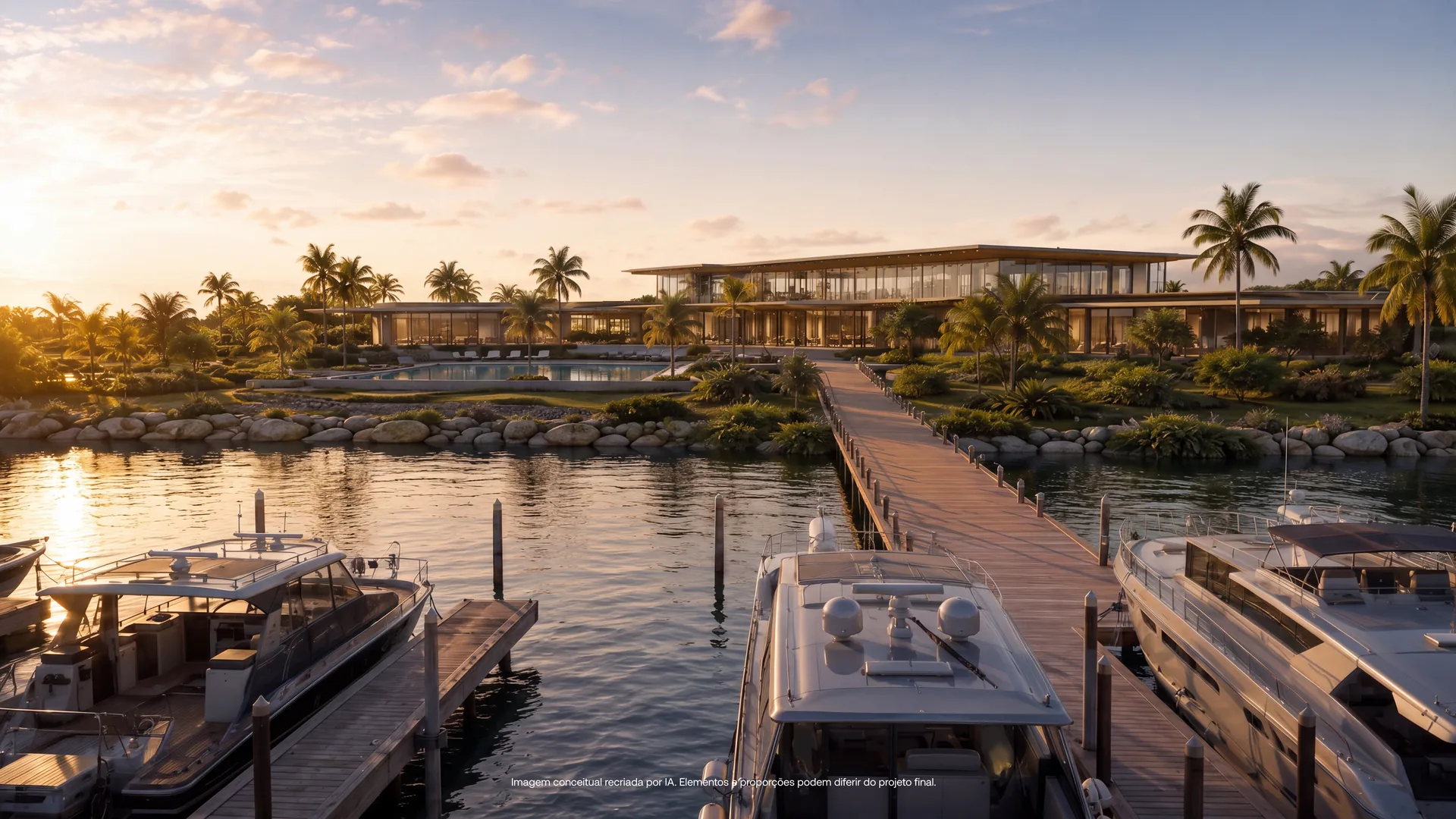 Ilustração conceitual recriada por IA do AVA Residences vista do trapiche ao entardecer, com embarcações atracadas e o píer de madeira levando ao clube envidraçado, com piscina e vegetação na margem