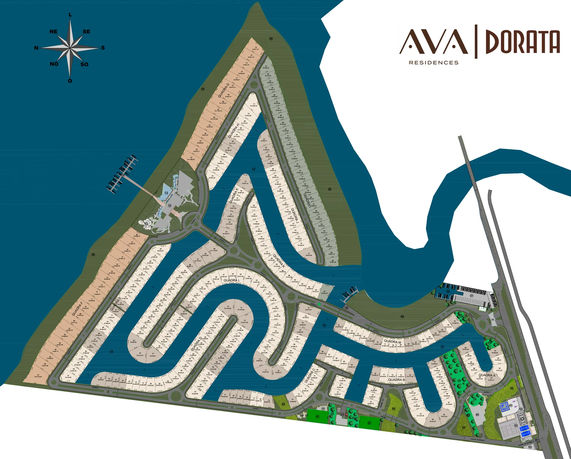 Implantação do AVA Residences em Maquiné, com as quadras identificadas de A a M distribuídas pelos 50 hectares da gleba, o canal e a marina