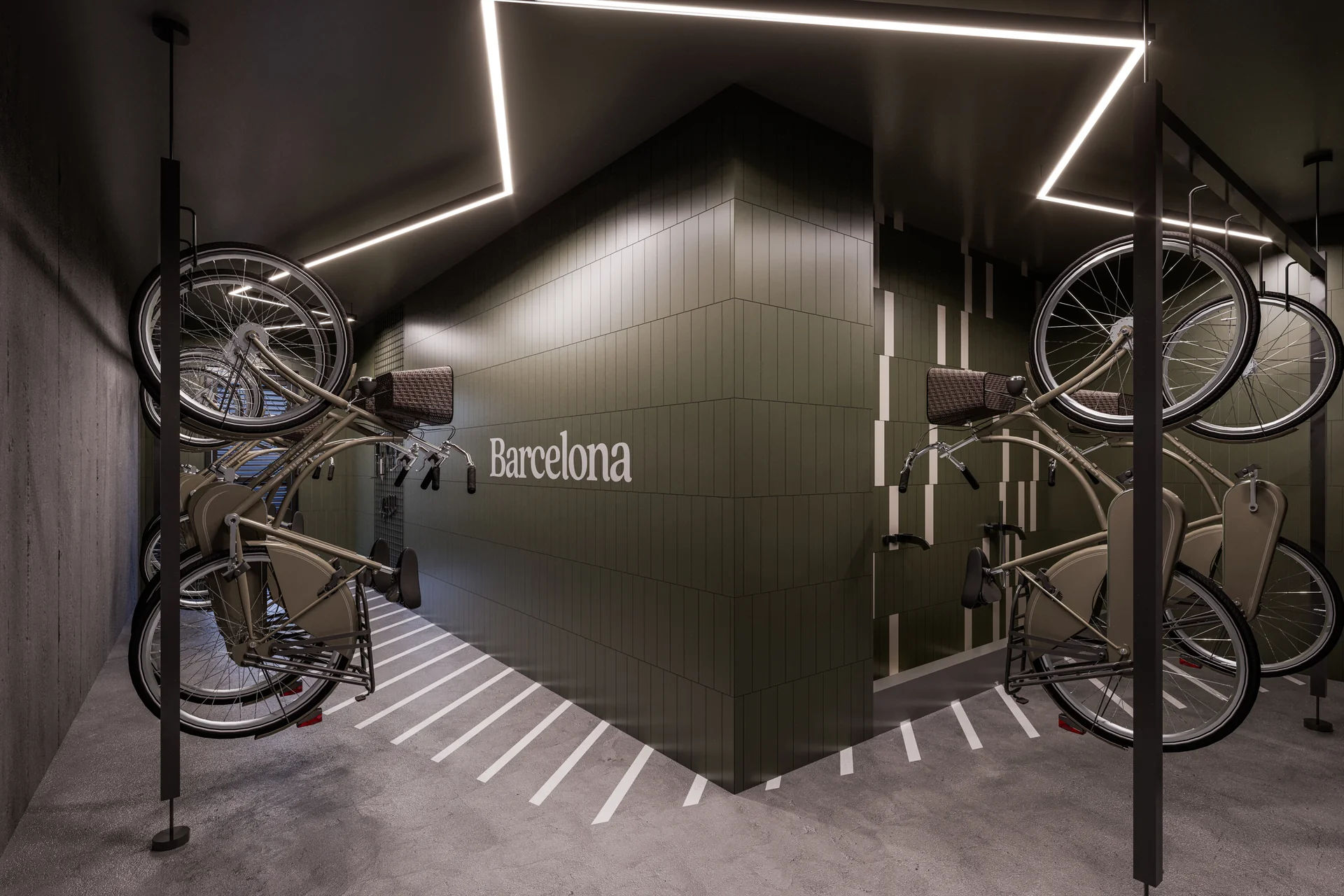 Bicicletário do Barcelona Smart Living com bicicletas compartilhadas penduradas e parede verde-oliva com o nome Barcelona