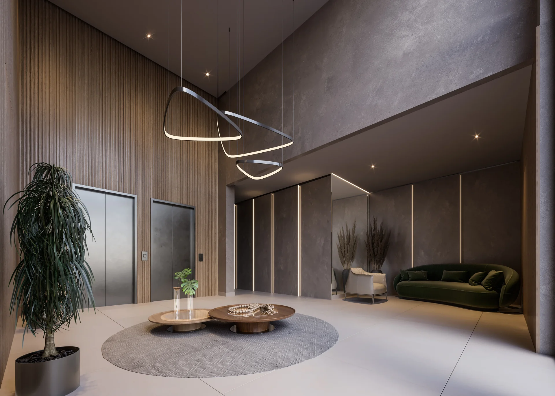 Hall de entrada do Barcelona Smart Living com pé-direito amplo, painéis de madeira e luminárias suspensas