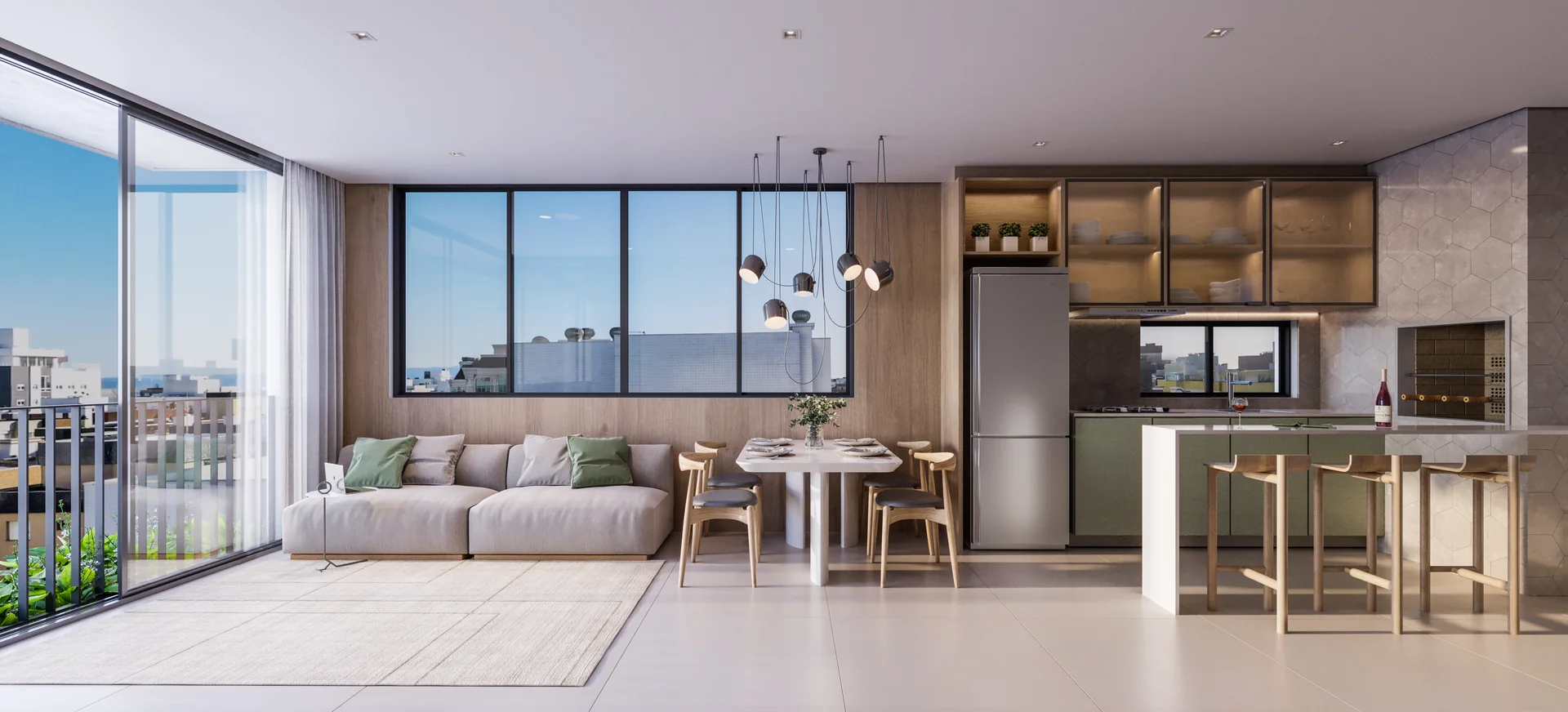 Living do apartamento do Barcelona Smart Living integrado à cozinha com armários verde-oliva e churrasqueira