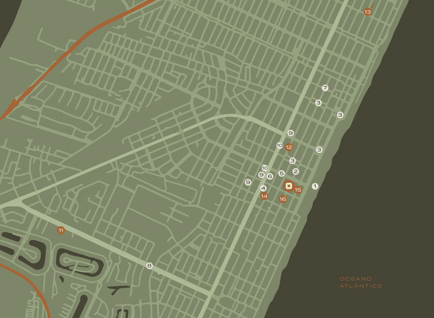 Mapa ilustrado do book com o Barcelona Smart Living no bairro Navegantes e referências numeradas até a beira-mar de Capão da Canoa