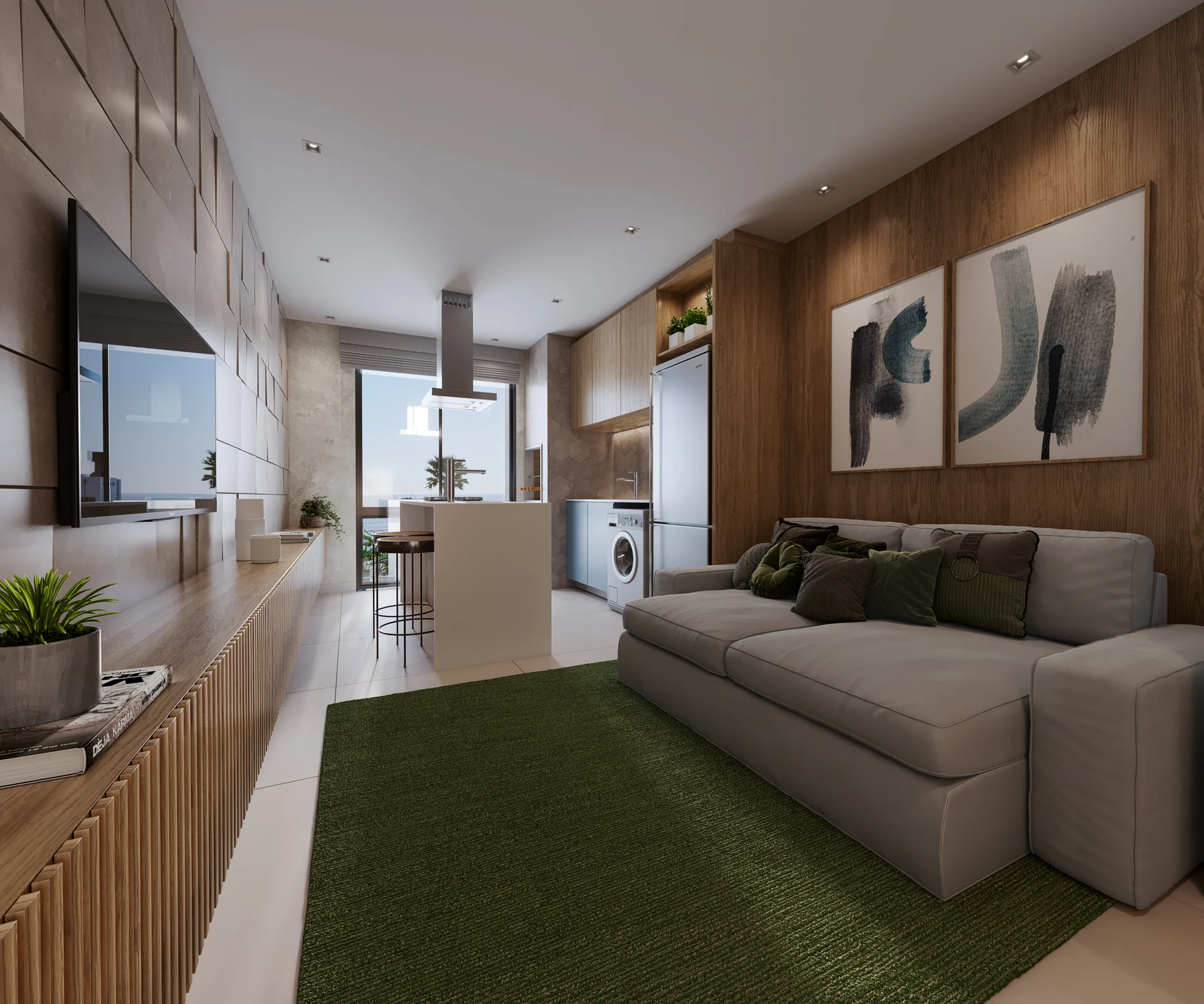 Interior do loft do Barcelona Smart Living com estar, cozinha e lavanderia integrados em painéis de madeira