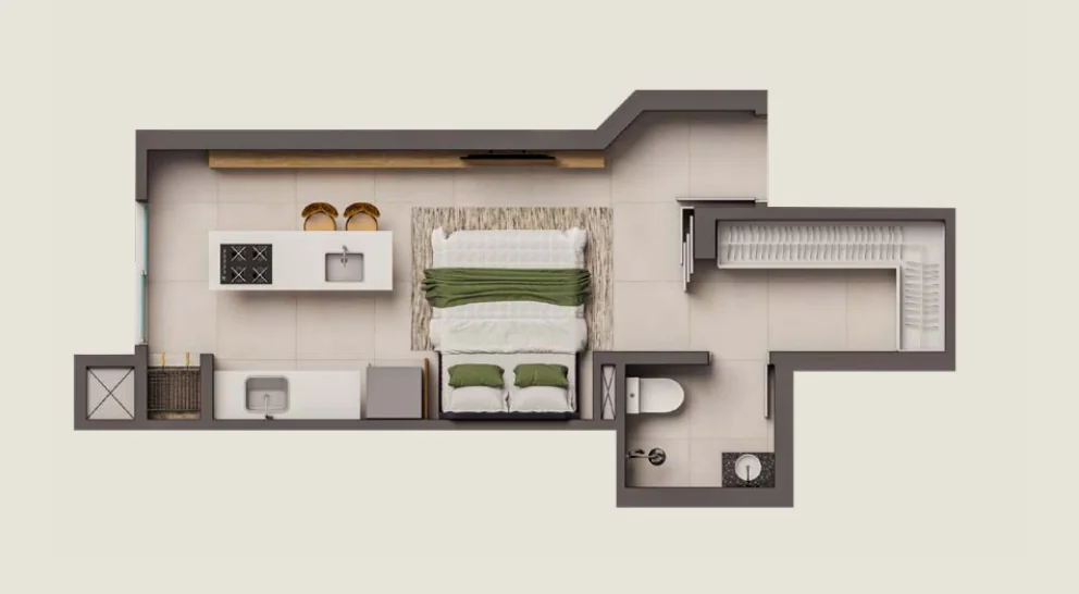 Planta do final 06 do Barcelona Smart Living, loft com ambientes integrados