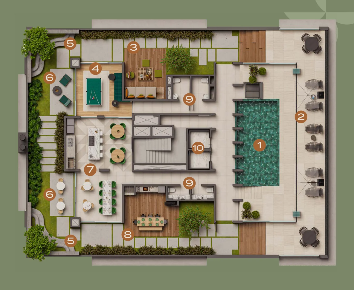 Planta ilustrada do Rooftop Lounge do Barcelona Smart Living, com piscina térmica coberta, solarium, sala de jogos, salão de festas e gourmet externo numerados