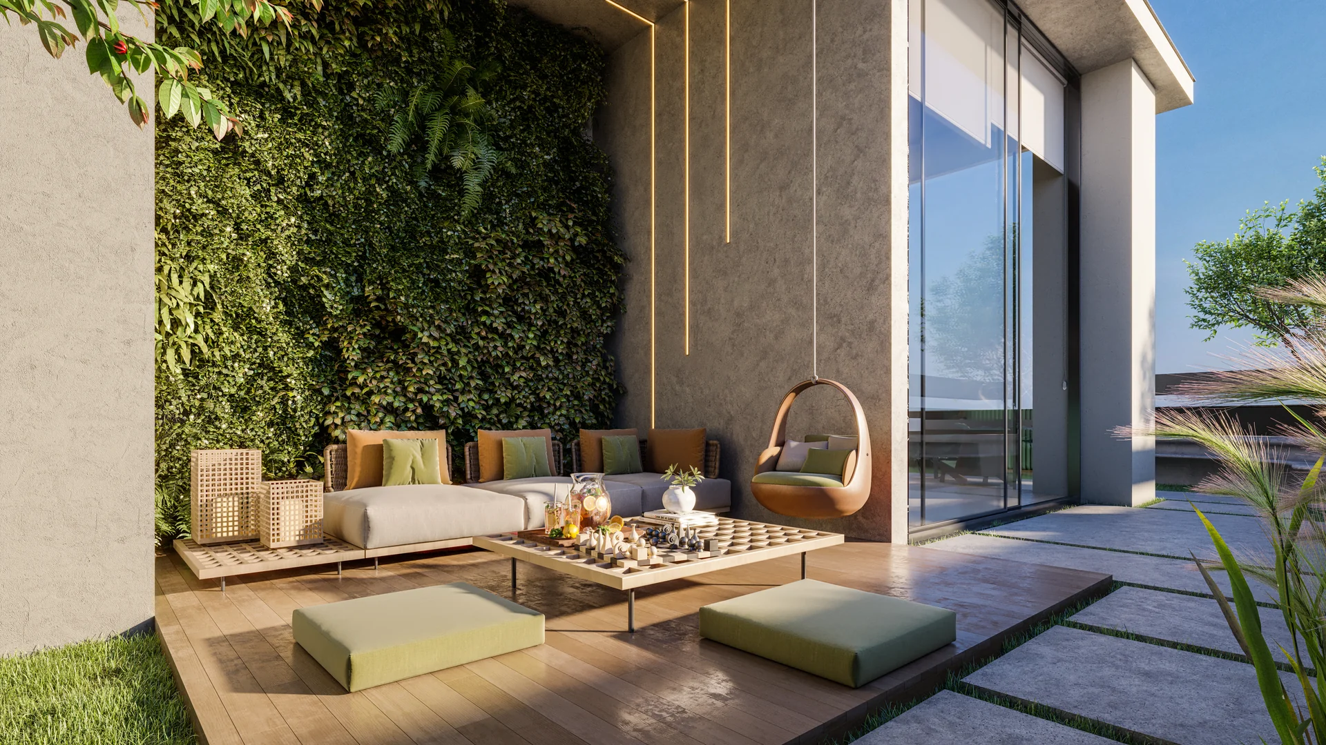 Deck do rooftop do Barcelona Smart Living ao entardecer, com espreguiçadeiras junto à piscina coberta