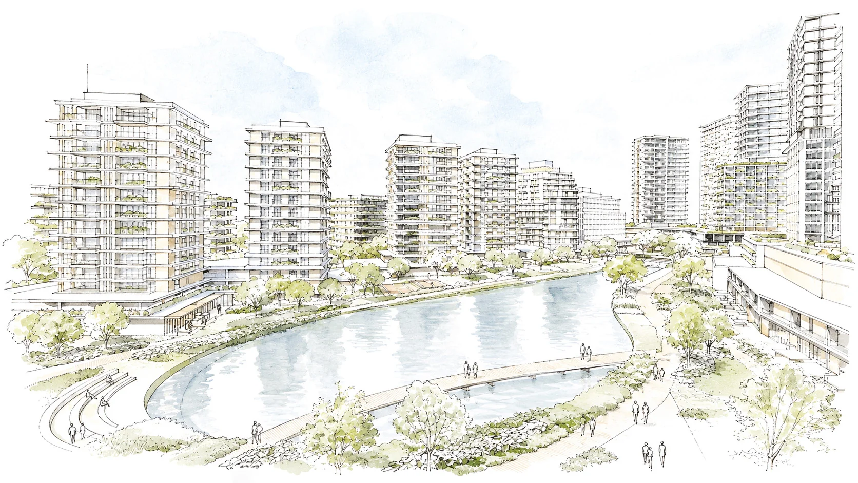 Ilustração em croqui de edifícios com varandas verdes em volta de um lago, com caminhos e pessoas