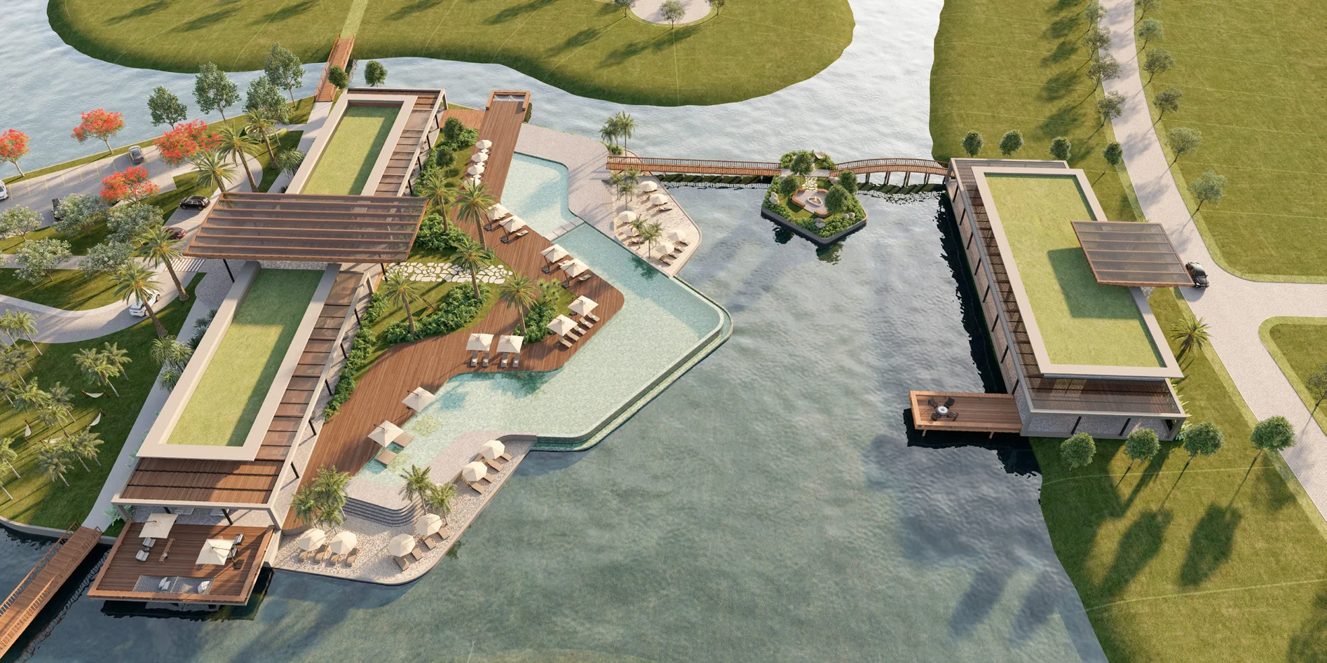 Ilustração aérea do clube do ISLA, empreendimento da DeMello em Xangri-Lá, com piscina, decks e lago